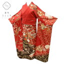 【中古】 リサイクル着物 身丈164.5cm 裄丈70cm 振袖 ヴィンテージ振袖 単品 正絹 仕立て上がり レトロ 成人式 結婚式 ビンテージ振袖 L 赤色系 観世水 御所車文様 特品 着物 中古 帯 リサイクル