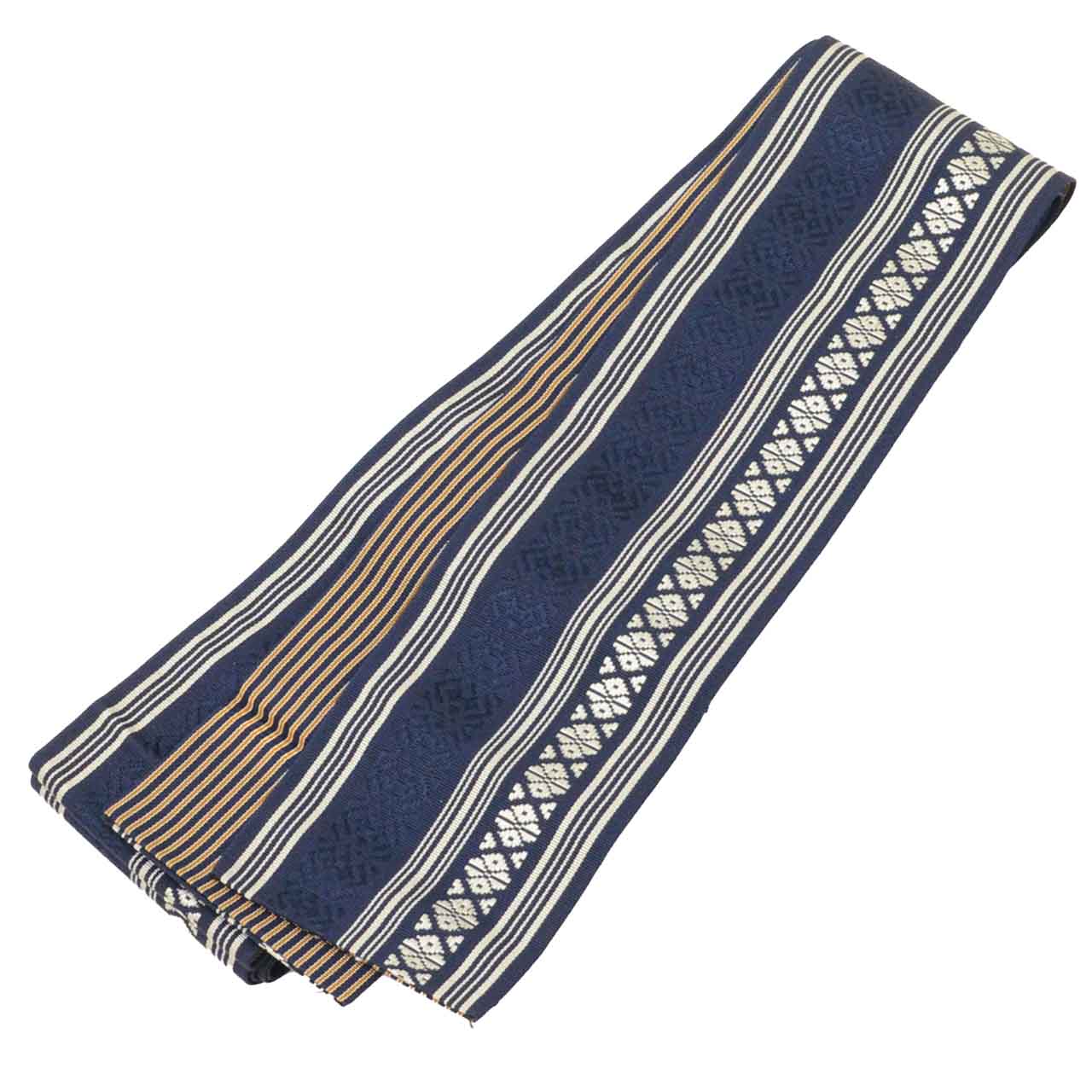 【中古】 角帯 正絹 袴下帯 男性用 リサイクル角帯 美品 仕立て上がり 紺色系 献上柄 リバーシブル 本場筑前博多織 博多帯 証紙あり kkb3991b