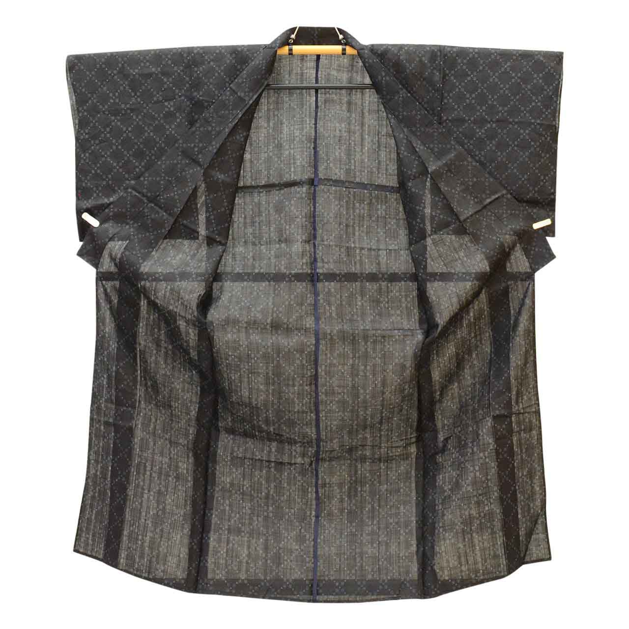 【中古】 リサイクル着物 麻着物 宮古上布 夏物 夏着物 麻 仕立て上がり 裄65.5cm 身丈152cm S 黒色系 絣文様 uu1209b