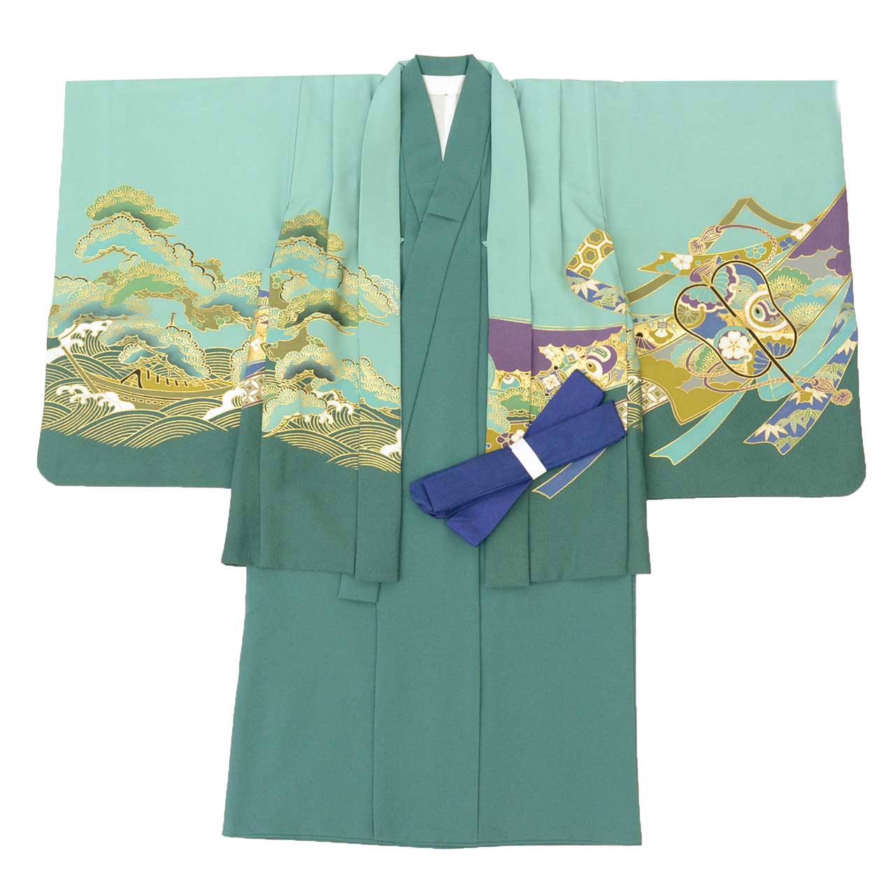 【中古】 リサイクル着物 七五三 男の子 5歳 2点セット 化繊 着物 羽織 美品 仕立て上がり 裄丈46cm 身丈88.5cm 緑色系 鷹文様 金彩 和柄 和装 uu0892b