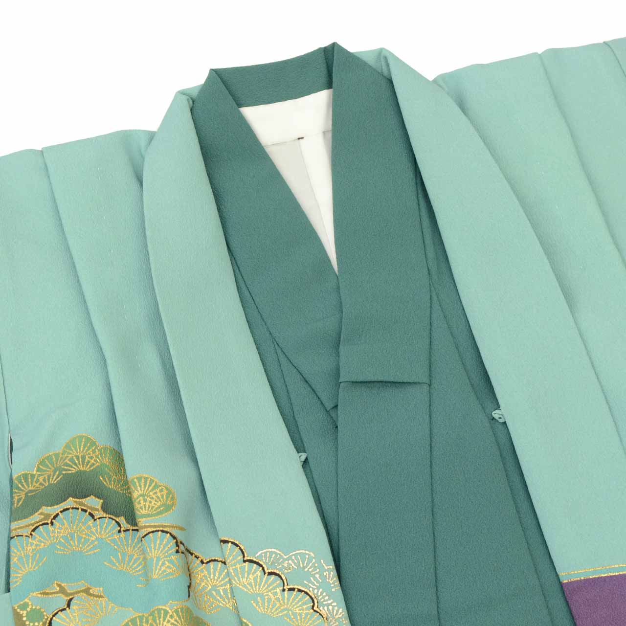 【中古】 リサイクル着物 七五三 男の子 5歳 2点セット 化繊 着物 羽織 美品 仕立て上がり 裄丈46cm 身丈88.5cm 緑色系 鷹文様 金彩 和柄 和装 uu0892b