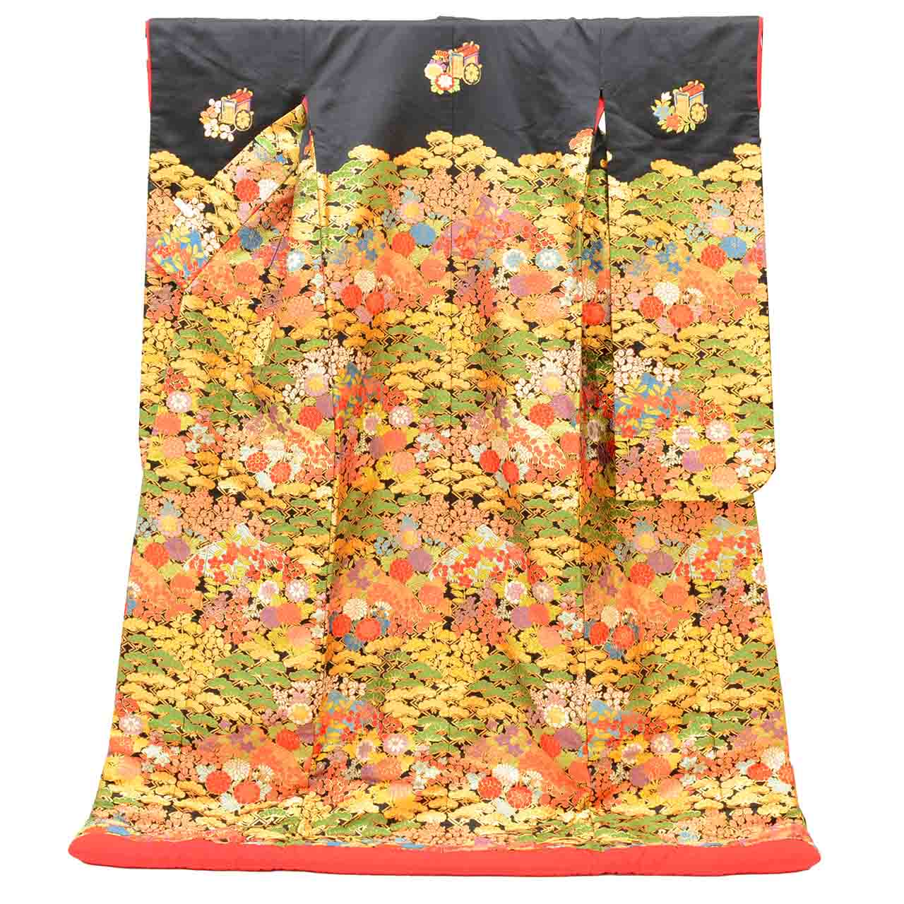 【中古】 リサイクル着物 色打掛 花嫁衣装 正絹 裄67cm 身丈198cm LL 黒色系 彩り松文様 唐織 金糸 uu1301b