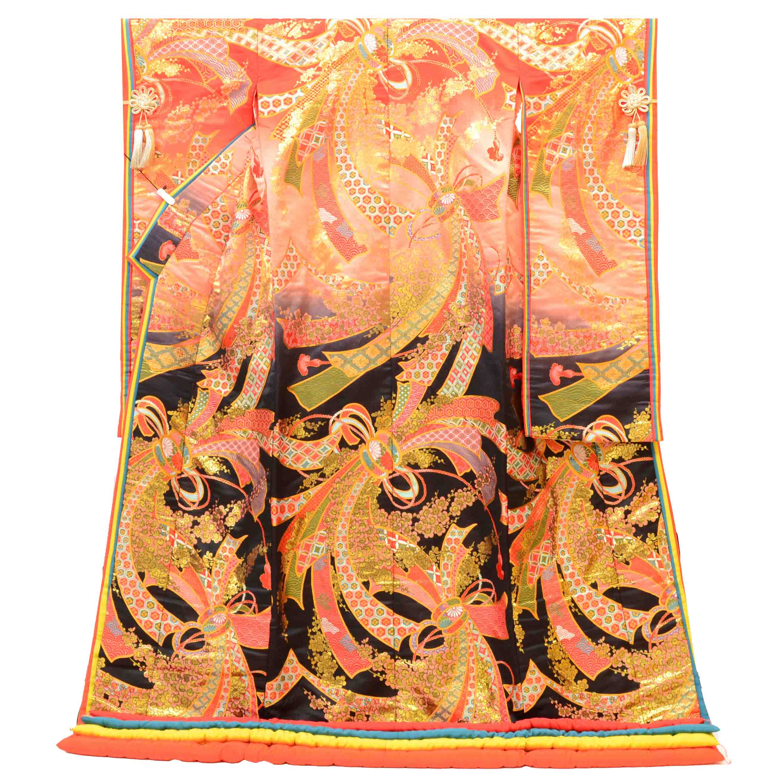 【中古】 リサイクル着物 色打掛 花嫁衣装 正絹 裄66.5cm 身丈190cm L オレンジ色系 束ね熨斗文様 比翼付き 唐織 金糸 十二単仕立て uu1305b