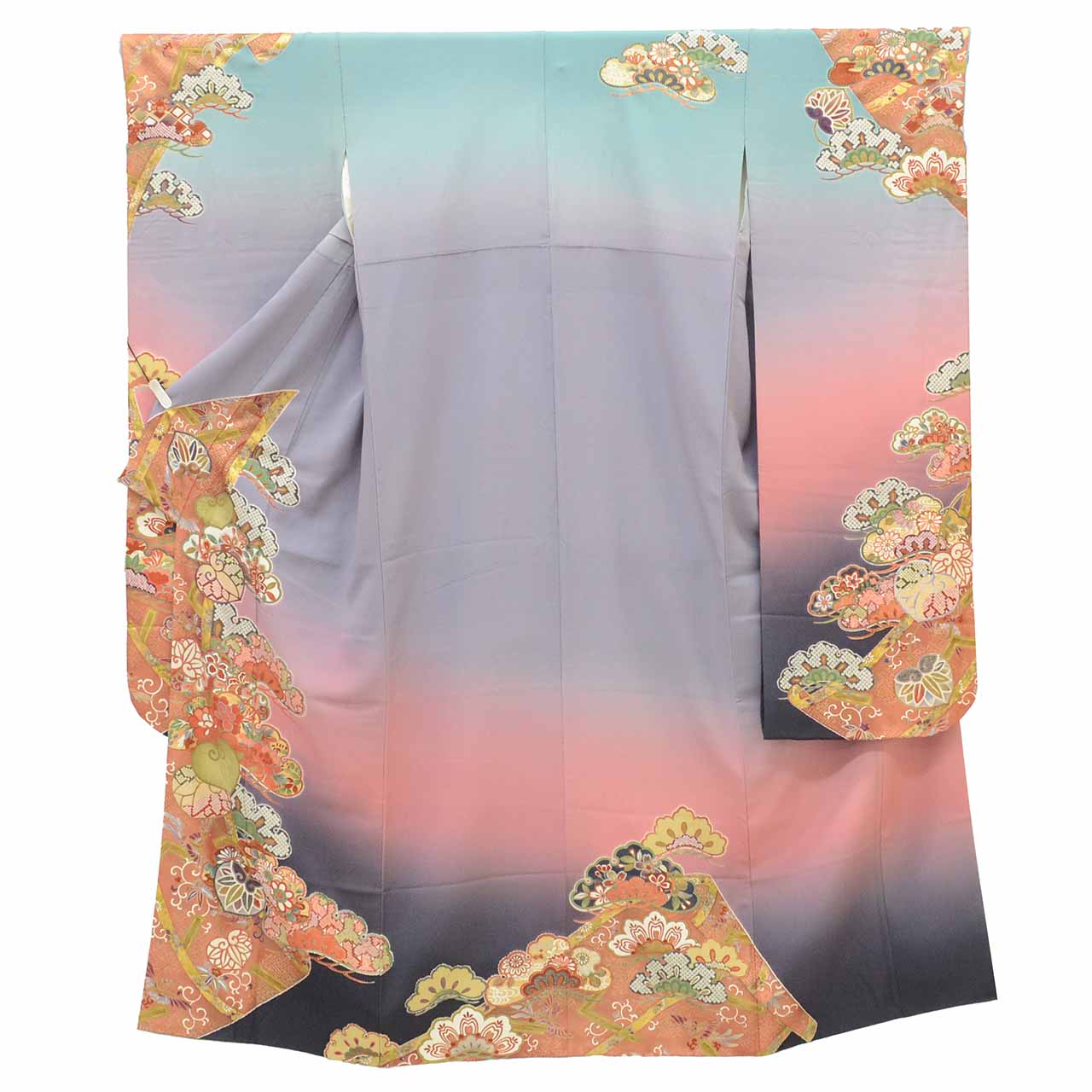 【中古】 リサイクル着物 振袖 長襦袢 セット 正絹 裄66.5cm 身丈166cm LL グレー色系 葵 松文様 半衿付き 金彩 ヴィンテージ振袖 ビンテージ振袖 コーディネート レディース uu1709b