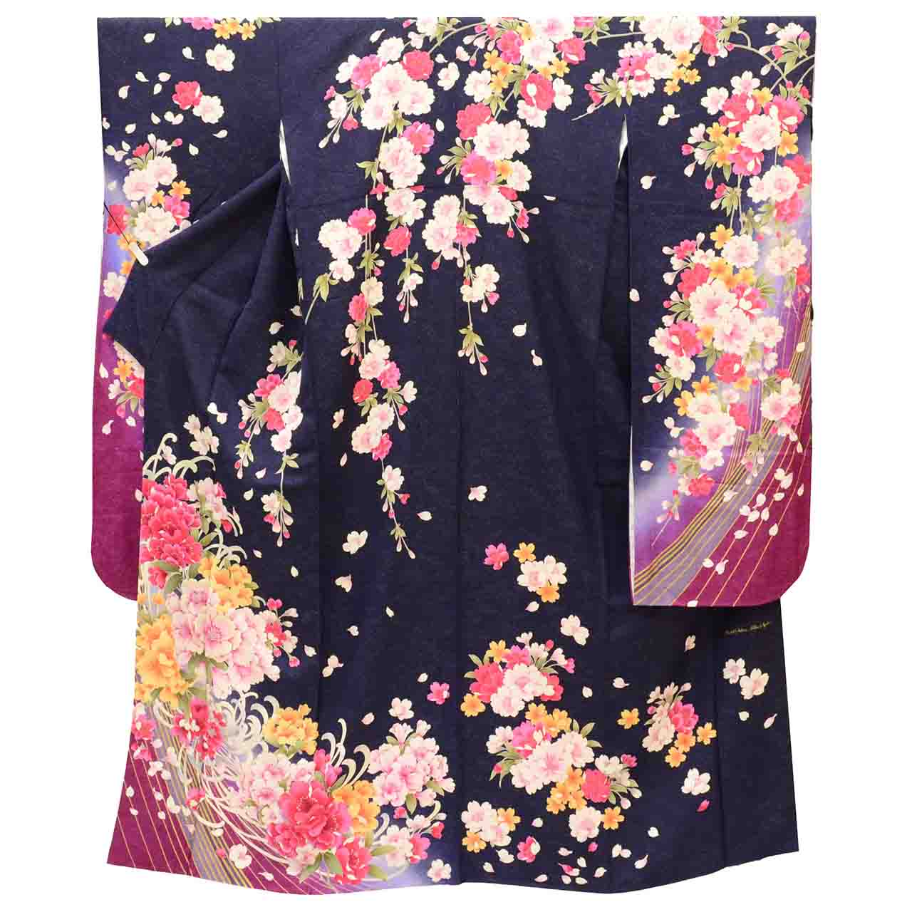 【中古】 リサイクル着物 振袖 長襦袢 セット 正絹 裄71.5cm 身丈176cm LL 紺色系 桜 花文様 半衿付き 金糸 銀糸 落款有り ヴィンテージ振袖 ビンテージ振袖 コーディネート レディース uu1710b