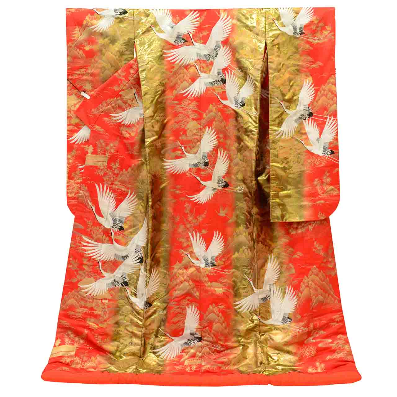 リサイクル着物 着物ひととき 中古の【中古】 リサイクル着物 色打掛 花嫁衣装 正絹 裄66cm 身丈198cm LL オレンジ色系 鶴文様 刺繍 金彩 uu1890b｜アングル2