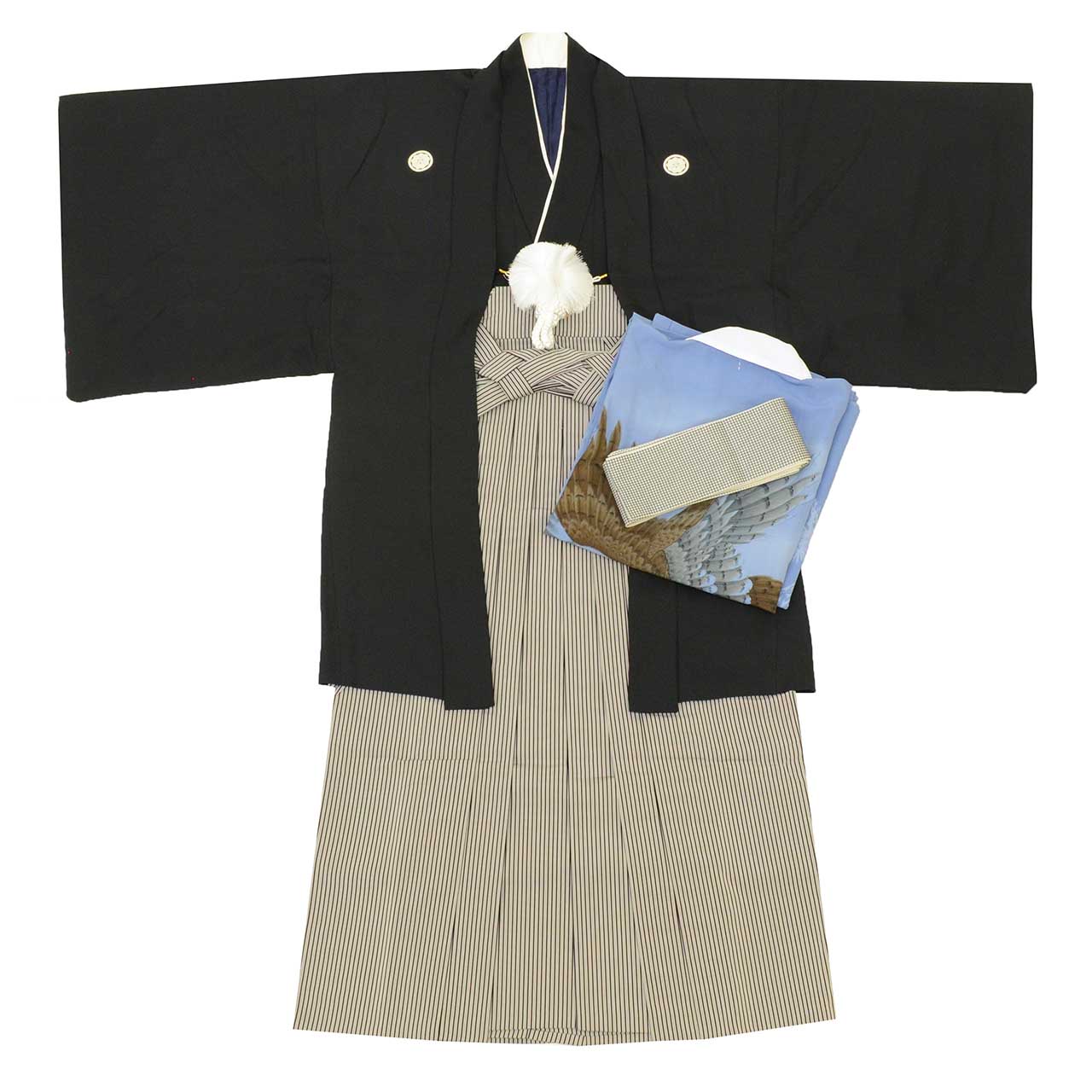 【中古】 紋付袴 セット 黒紋付 紋付羽織袴 男性 リサイクル着物 正絹 裄71.5cm 身丈139.5cm M 黒色系 長襦袢 角帯 羽織紐付き 五つ紋 メンズ 紋付き袴 男性用袴 アンサンブル uu1956b