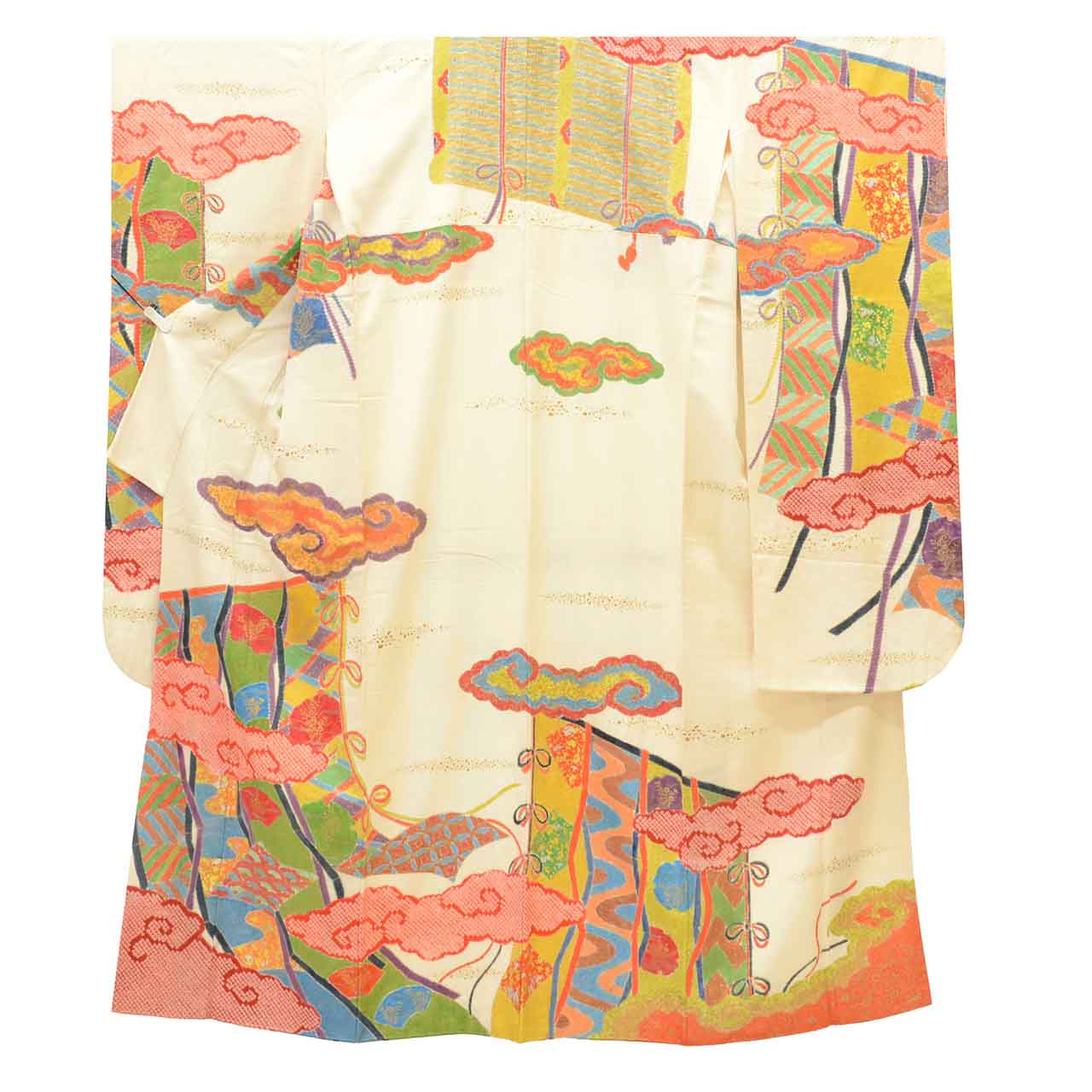 【中古】 リサイクル 着物 振袖 ヴィンテージ振袖 正絹 SILK Lサイズ 特品 身丈165.5cm 金彩 裄丈67.5cm 袷 仕立て上がり 絞り 白 誰が袖 瑞雲 リユース uu1616b