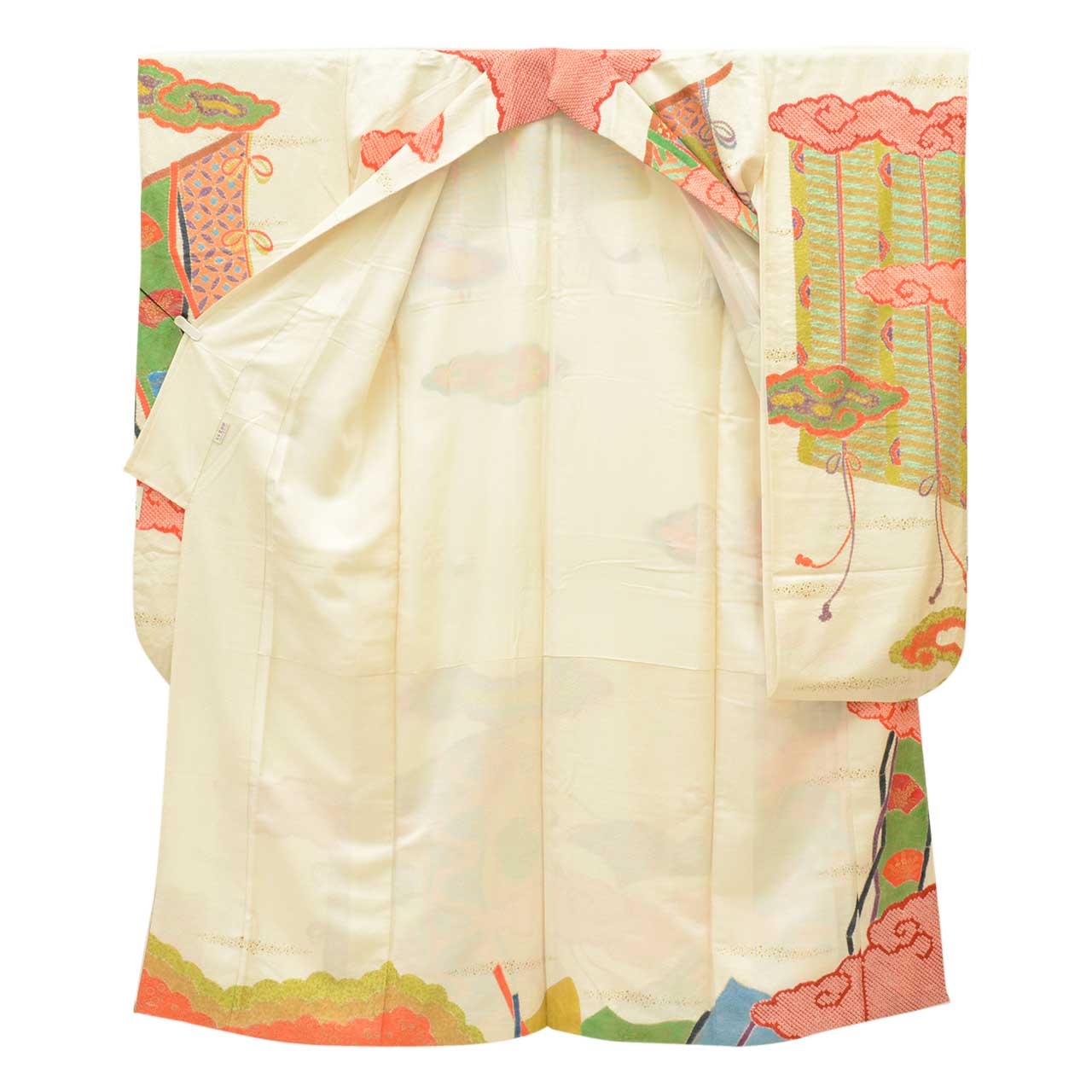 【中古】 リサイクル 着物 振袖 ヴィンテージ振袖 正絹 SILK Lサイズ 特品 身丈165.5cm 金彩 裄丈67.5cm 袷 仕立て上がり 絞り 白 誰が袖 瑞雲 リユース uu1616b