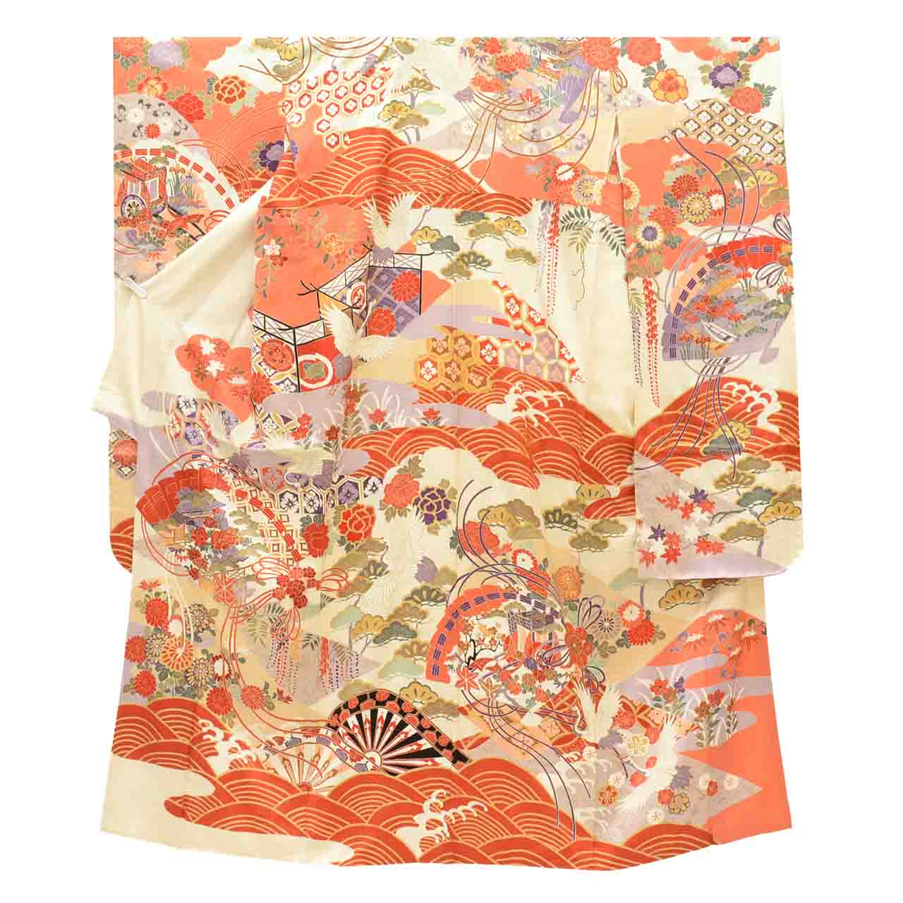 【中古】 リサイクル 着物 振袖 ヴィンテージ振袖 正絹 SILK Lサイズ 特品 身丈163cm 金彩 裄丈66.5cm 袷 仕立て上がり 白 扇 鶴 花 波 リユース uu1618b