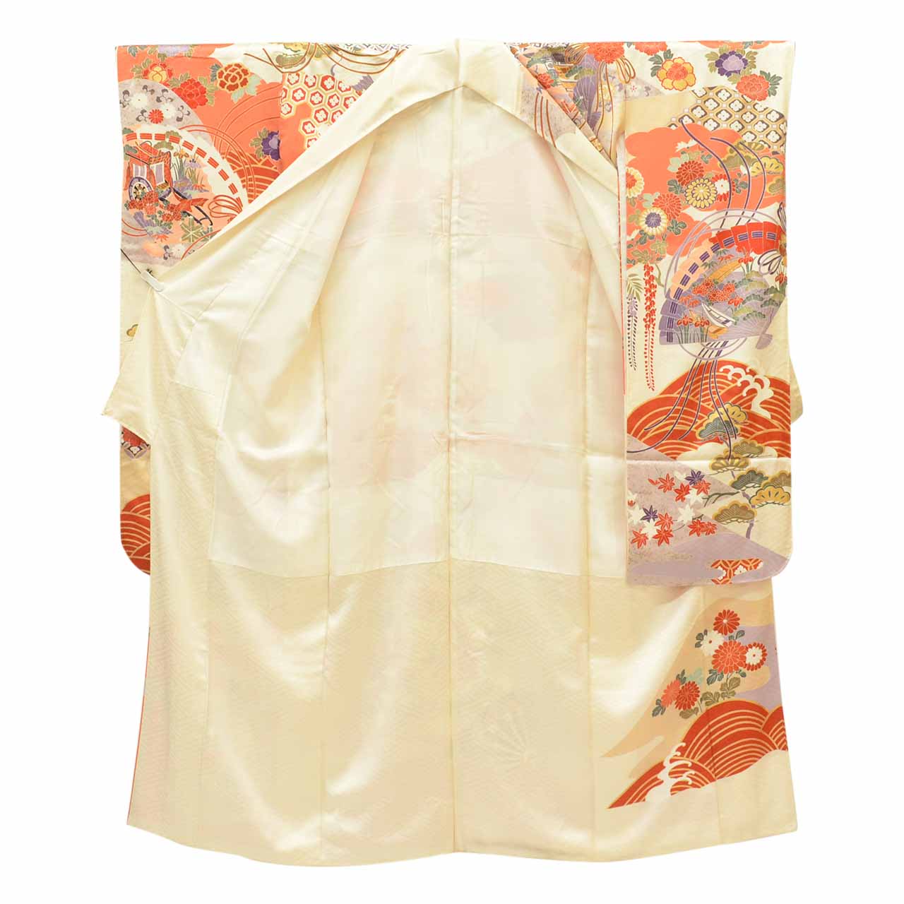 【中古】 リサイクル 着物 振袖 ヴィンテージ振袖 正絹 SILK Lサイズ 特品 身丈163cm 金彩 裄丈66.5cm 袷 仕立て上がり 白 扇 鶴 花 波 リユース uu1618b