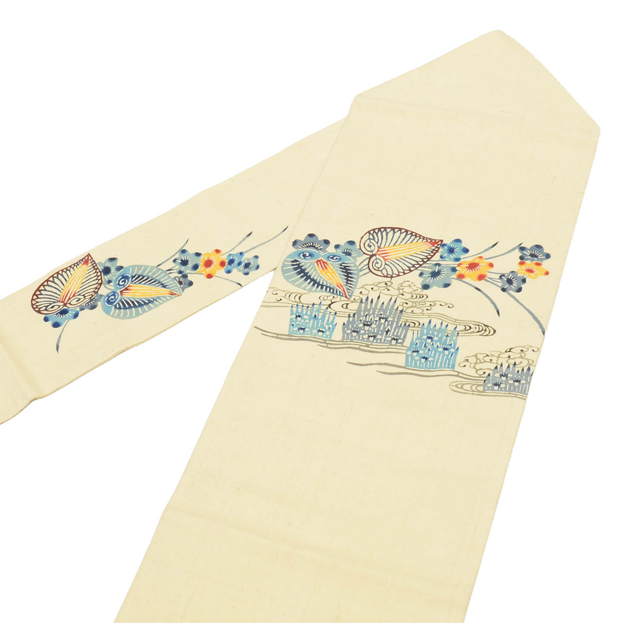 リサイクル着物 着物ひととき 中古の名古屋帯 リサイクル 帯 正絹 絹 美品 紬地 九寸帯 染め帯 型染め 白 流水 花 特品 カジュアル お太鼓柄 帯芯あり 着物 SILK シルク kimono リユース uu2549b｜アングル3