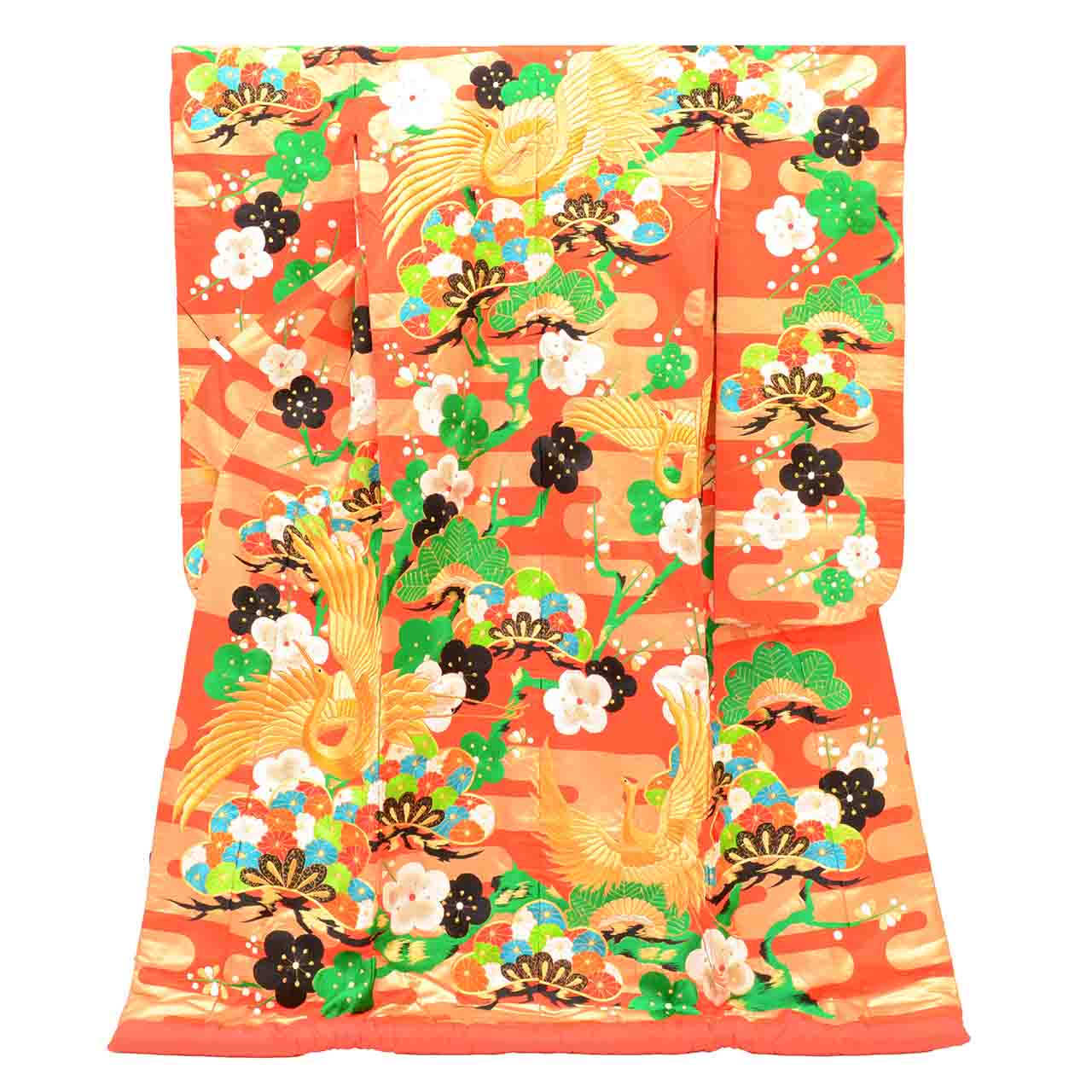 【中古】 リサイクル着物 色打掛 花嫁衣装 化繊 裄66cm 身丈187cm M 赤色系 鶴 松文様 刺繍 金駒刺繍 金糸 uu2696b