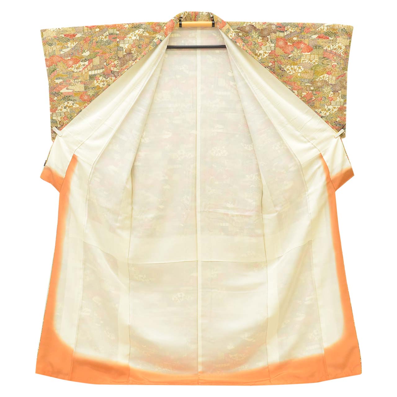 リサイクル着物 小紋 着物 正絹 絹 Lサイズ ちょっとふくよかL 良品 身丈161cm 裄丈66cm 袷 仕立て上がり 未使用品 茶 風景 SILK シルク リユース uu2755b