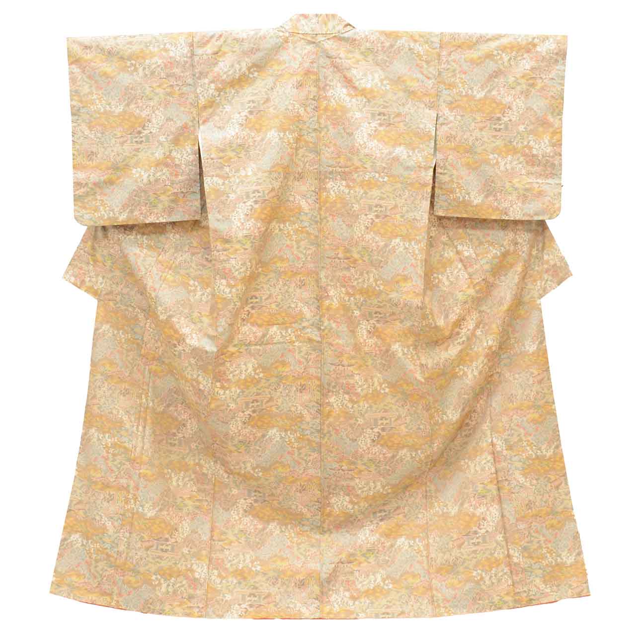 大島紬 Mサイズ 特品 身丈159cm 裄丈64.7cm 袷 仕立て上がり 横双 茶 風景 正絹 SILK リユース vv0004