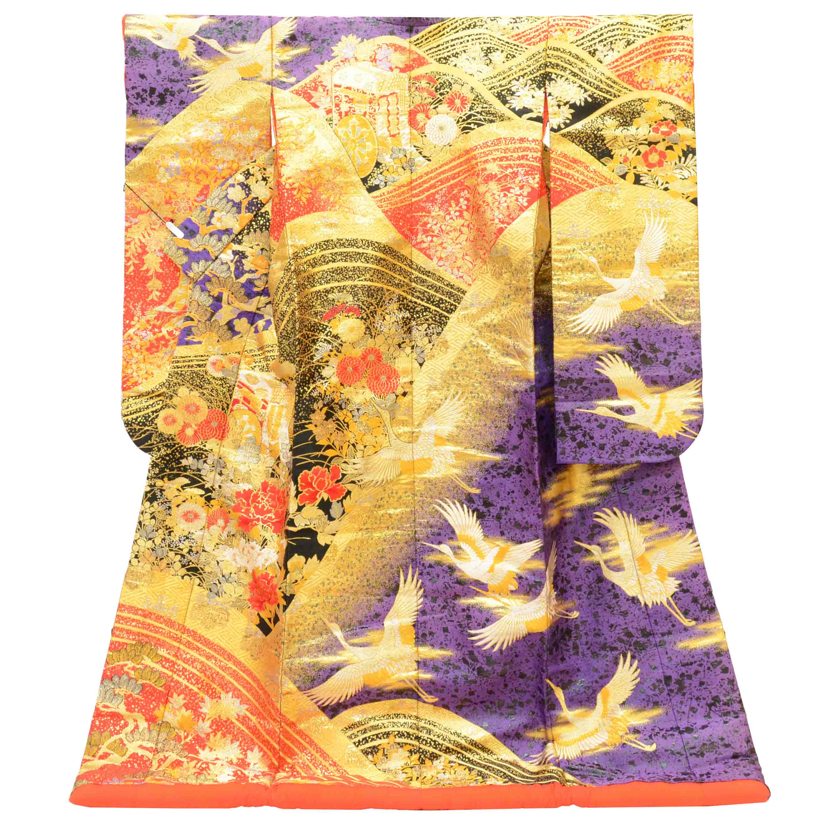 色打掛 花嫁衣裳 リサイクル着物 特品 交織 袷 仕立て上がり 紫 広衿 LLサイズ 大きめサイズ 高身長 トールサイズ 身丈195cm 裄丈66cm 落款有り 唐織 引箔 蒔絵青海波 リユース vv0039