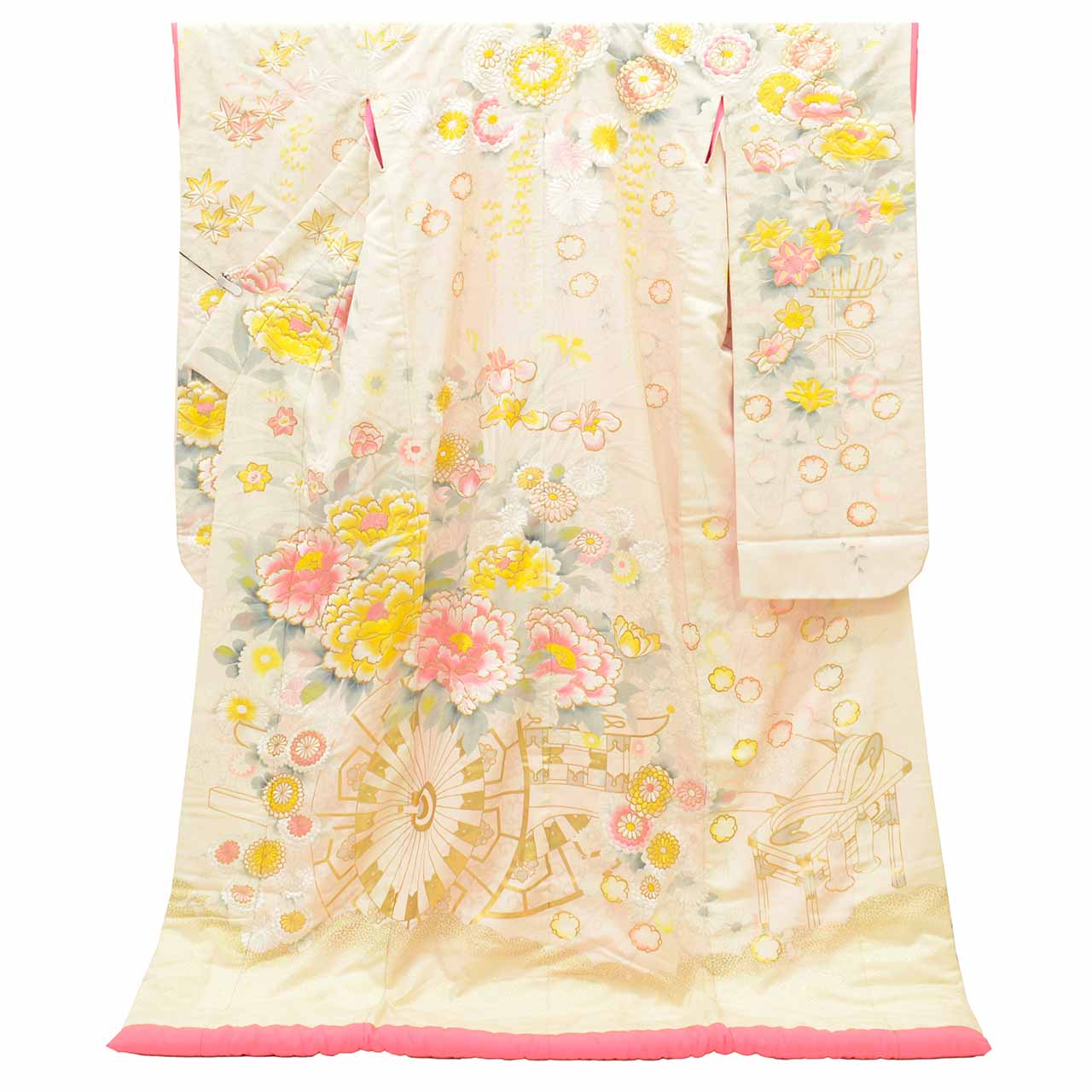 リサイクル着物 着物ひととき 中古の【中古】 色打掛 リサイクル着物 花嫁衣裳 正絹 LLサイズ 大きめサイズ 高身長 トールサイズ 袷 特品 仕立て上がり 身丈201cm 裄丈66.5cm 刺繍 金糸 金彩 落款有り 友禅作家 秋山章 白 広衿 リユース vv0264｜アングル2
