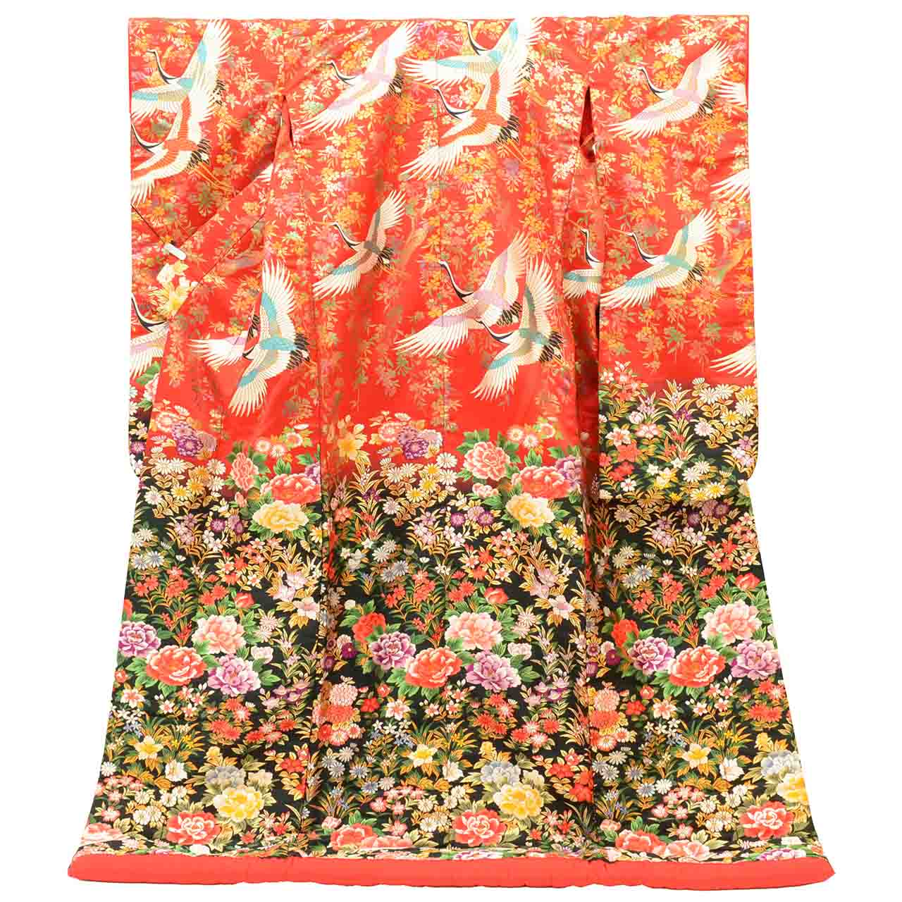 【中古】 色打掛 リサイクル着物 花嫁衣裳 正絹 絹 LLサイズ 大きめサイズ 高身長 トールサイズ 袷 特品 仕立て上がり 身丈196cm 裄丈66cm 唐織 引箔 赤 広衿 飛鶴 花 SILK シルク リユース vv0265