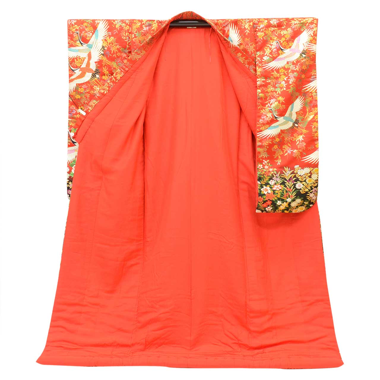【中古】 色打掛 リサイクル着物 花嫁衣裳 正絹 絹 LLサイズ 大きめサイズ 高身長 トールサイズ 袷 特品 仕立て上がり 身丈196cm 裄丈66cm 唐織 引箔 赤 広衿 飛鶴 花 SILK シルク リユース vv0265