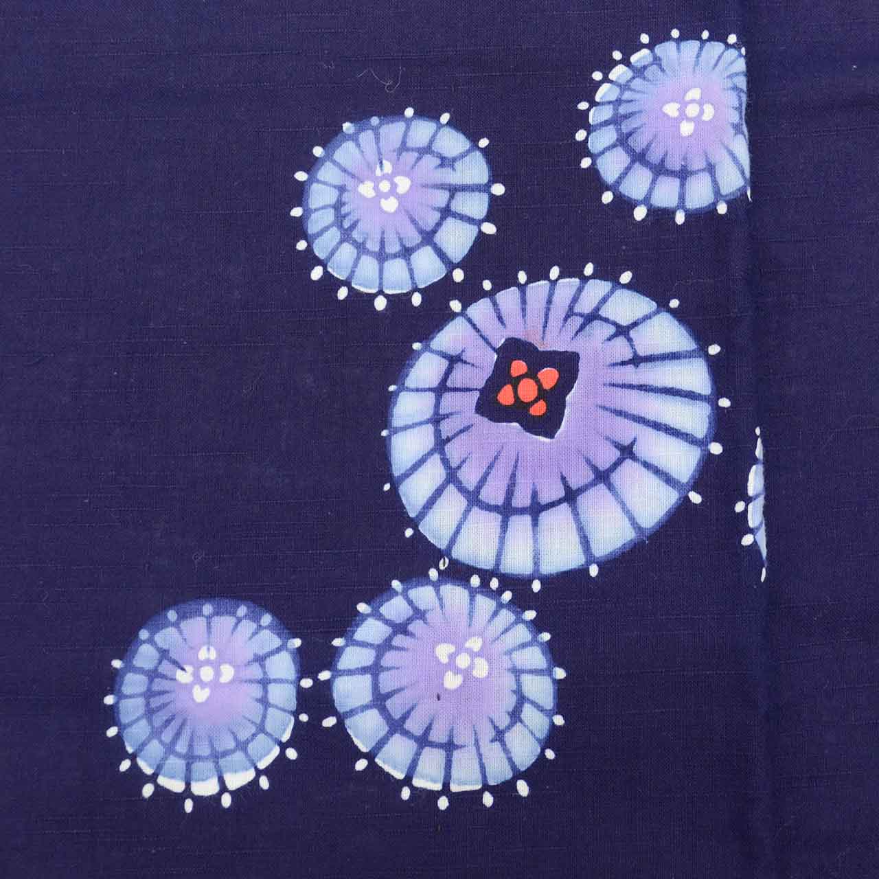 リサイクル着物 着物ひととき 中古の【中古】 浴衣 注染 リサイクル着物 Sサイズ 綿 特品 身丈155.5cm 裄丈63.2cm 紺 仕立て上がり 平織り バチ衿 傘 リユース 夏祭り 花火大会 盆踊り vv0440｜アングル3