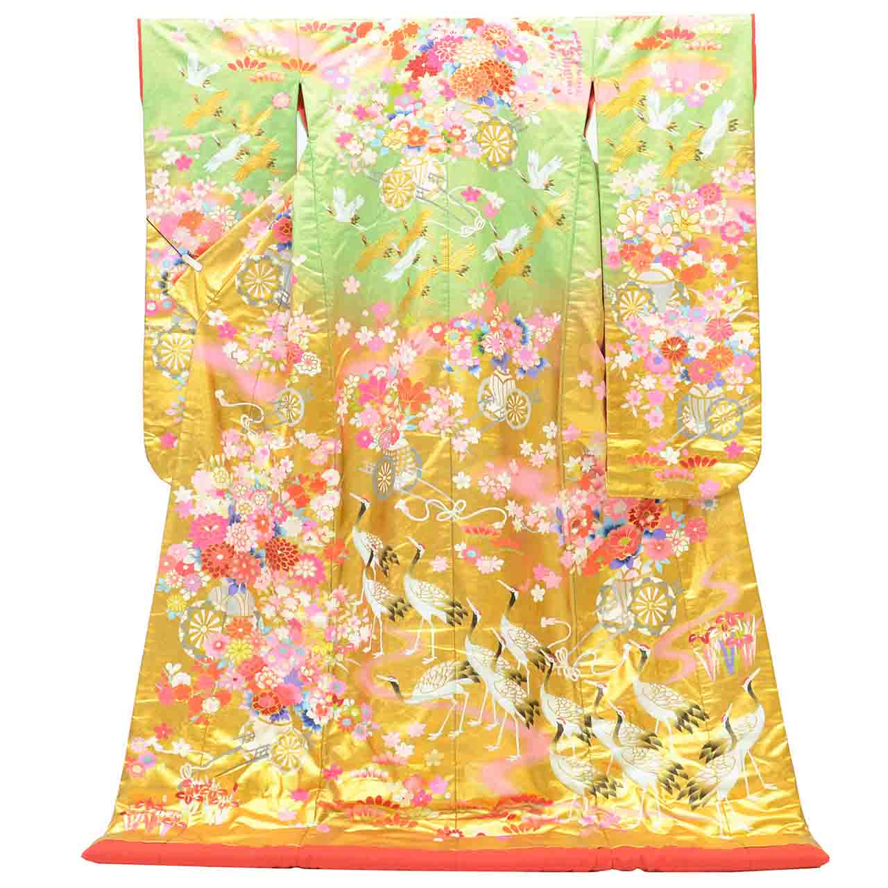 リサイクル着物 着物ひととき 中古の【中古】 リサイクル着物 色打掛 花嫁衣裳 交織 LLサイズ 大きめサイズ 高身長 トールサイズ 袷 特品 仕立て上がり 身丈200cm 裄丈66cm 金彩 落款有り 秋山章 緑 広衿 鶴 花車 リユース vv0460｜アングル2