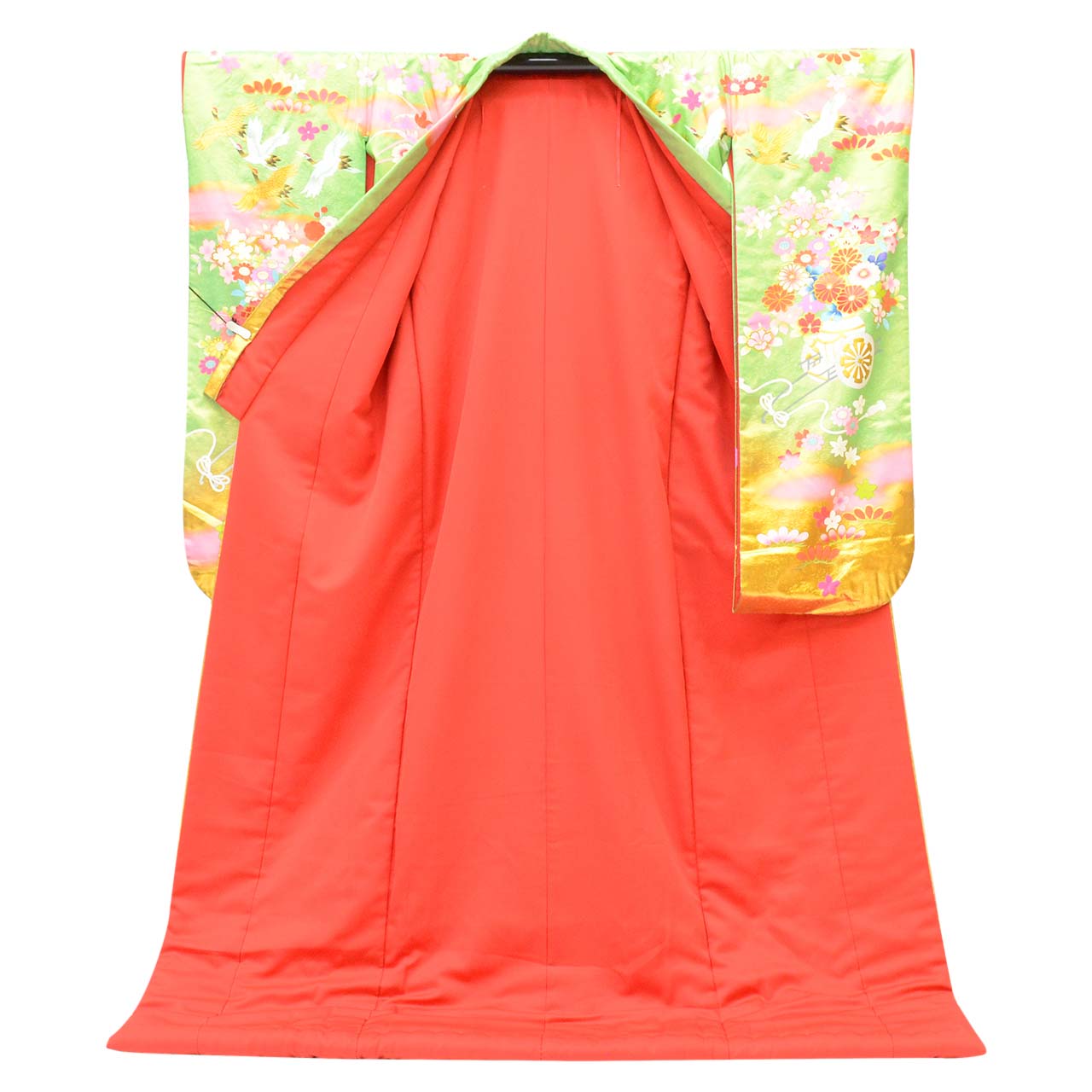 リサイクル着物 着物ひととき 中古の【中古】 リサイクル着物 色打掛 花嫁衣裳 交織 LLサイズ 大きめサイズ 高身長 トールサイズ 袷 特品 仕立て上がり 身丈200cm 裄丈66cm 金彩 落款有り 秋山章 緑 広衿 鶴 花車 リユース vv0460｜アングル3