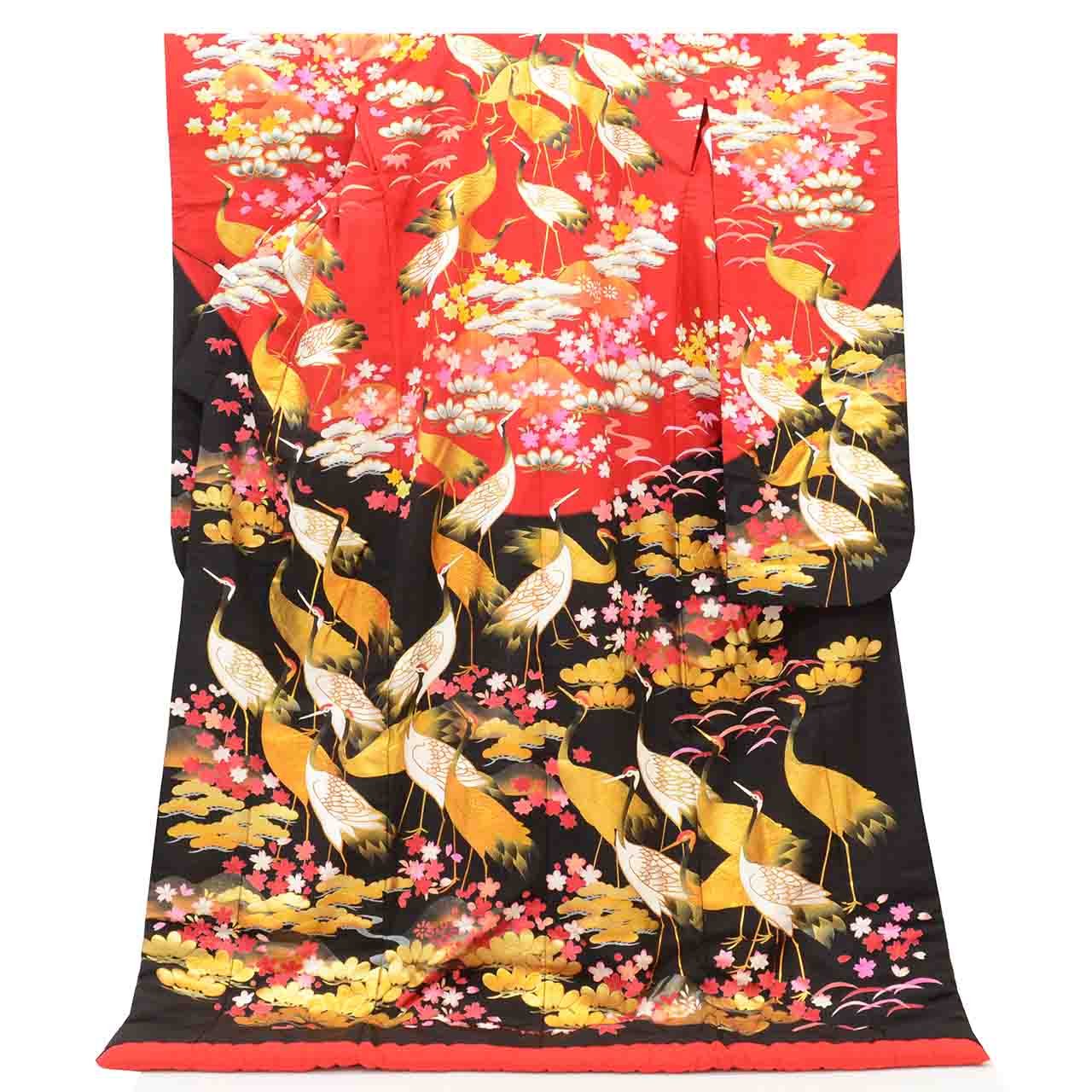 リサイクル着物 着物ひととき 中古の【中古】 色打掛 リサイクル着物 花嫁衣裳 正絹 絹 LLサイズ 大きめサイズ 高身長 トールサイズ 袷 特品 仕立て上がり 身丈202cm 裄丈68cm 金彩 落款有り 秋山章 赤 広衿 鶴 四季花 SILK リユース vv0622｜アングル2