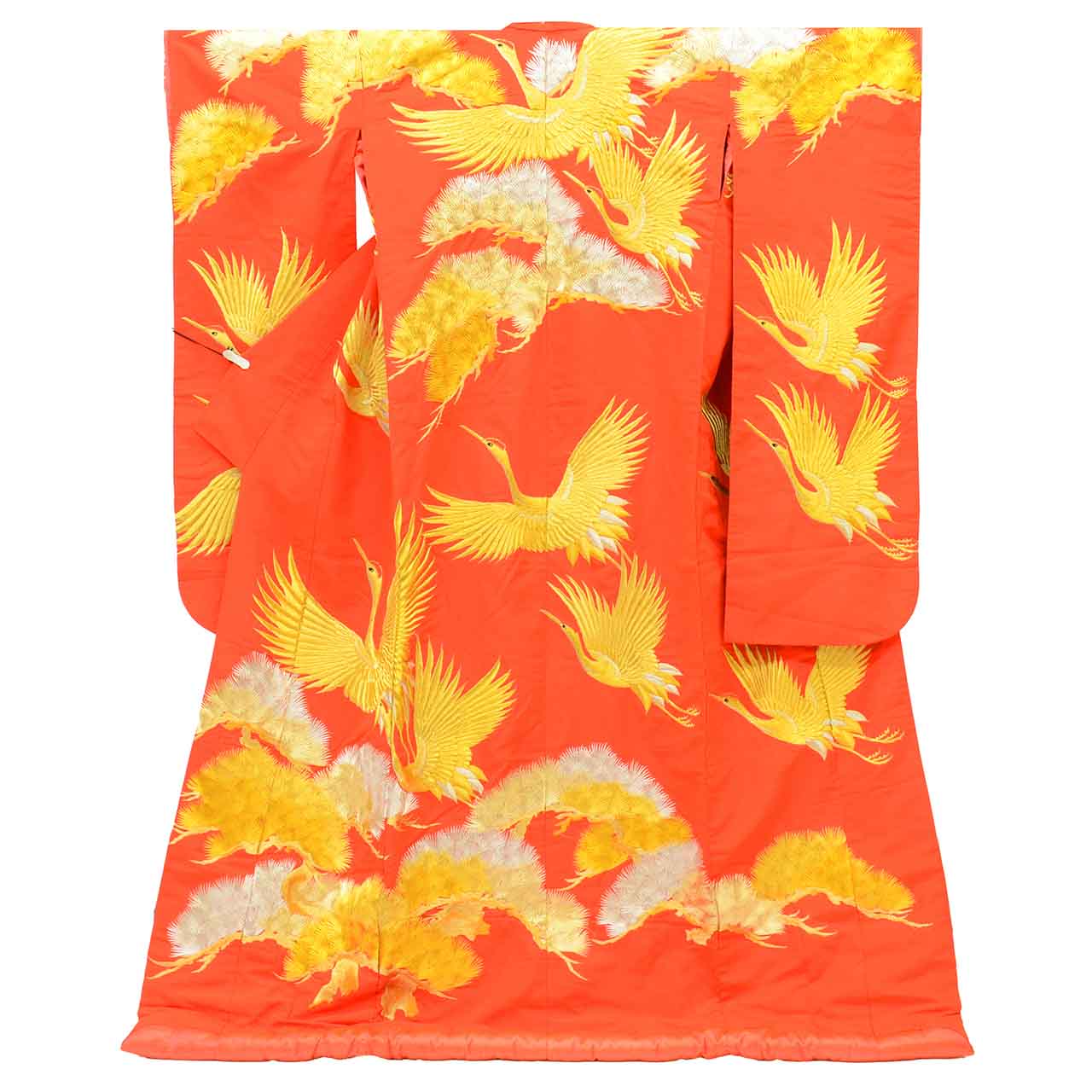リサイクル着物 着物ひととき 中古の【中古】 リサイクル着物 色打掛 花嫁衣裳 正絹 絹 Mサイズ 袷 良品 仕立て上がり 身丈187cm 裄丈66cm 金糸 銀糸 刺繍 赤 広衿 鶴 SILK シルク リユース vv1036｜アングル2