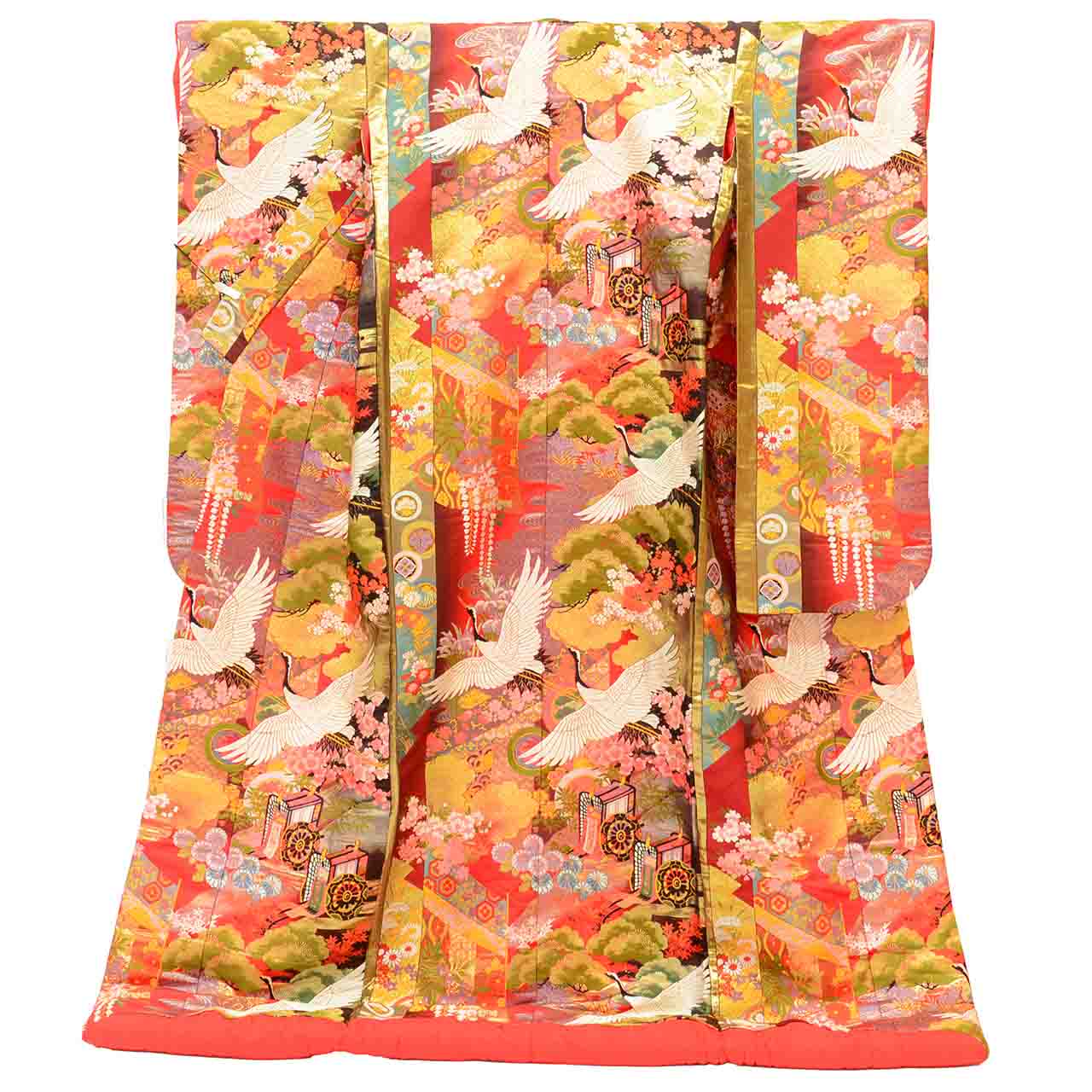 リサイクル着物 着物ひととき 中古の【中古】 色打掛 リサイクル着物 花嫁衣裳 正絹 絹 SILK シルク Lサイズ 袷 特品 仕立て上がり 身丈197.5cm 裄丈66.5cm 唐織 金糸 銀糸 赤 広衿 鶴 御所車 四季花 リユース vv1038｜アングル2