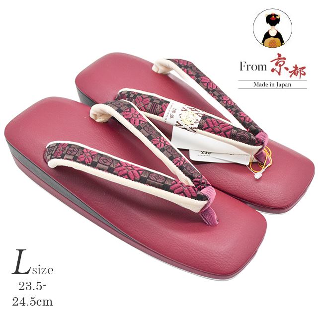 商品情報 ★説明 女性のカジュアルな草履です。 ★素材 新品　日本製 ★素材 合皮 ★着用シーン カジュアル ★サイズ　Lサイズ 長さ約24cm 幅約8cm 高さつま先約1.5cm かかと約4cm ★着用可能サイズ Lサイズ：23.5cm〜24.5cm ★取り寄せ 2〜3週間（土日祝除く）メーカーに在庫がない場合は1か月前後、帯地がない場合は3か月前後かかってまいります。 お急ぎの場合には一度お問