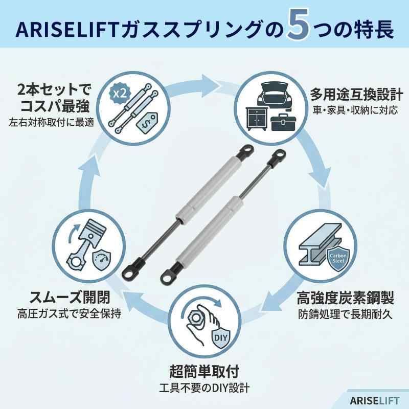 ARISELIFT ガススプリング 汎用 リフトサポート ガスダンパー 取付穴距離200mm 耐荷重100N/10kg カーボン鋼 シルバートーン 2本 車 ボート キャンピングカー リアゲート ハッチバック トランク 吊