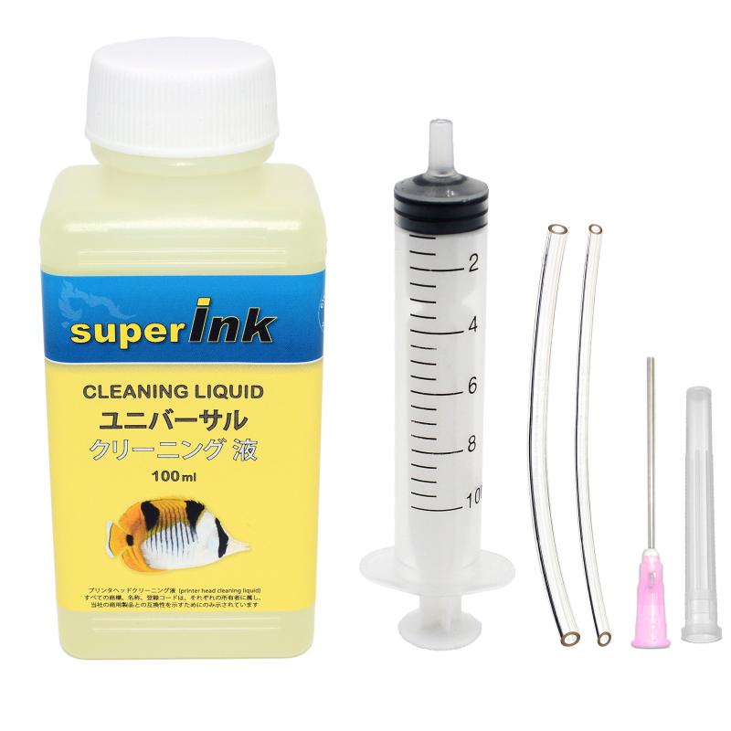クリーニング液 - superInk ユニバーサル 洗浄液 インクジェットプリントヘッド用(キヤノン エプソン ブラザー HP リコー)+ 手袋1組 + 10ml注入器 + 針 + キャップ + シリコーン チューブ2本