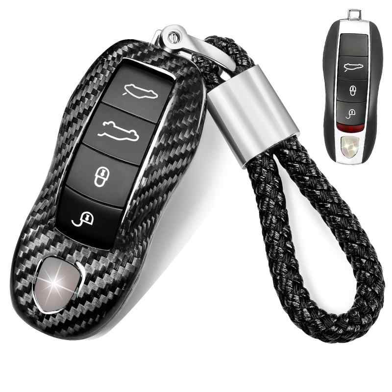 [T-carbon] リアルカーボンファイバーキーフォブカバー ポルシェ用 キーホルダーストラップ付き Tカー..