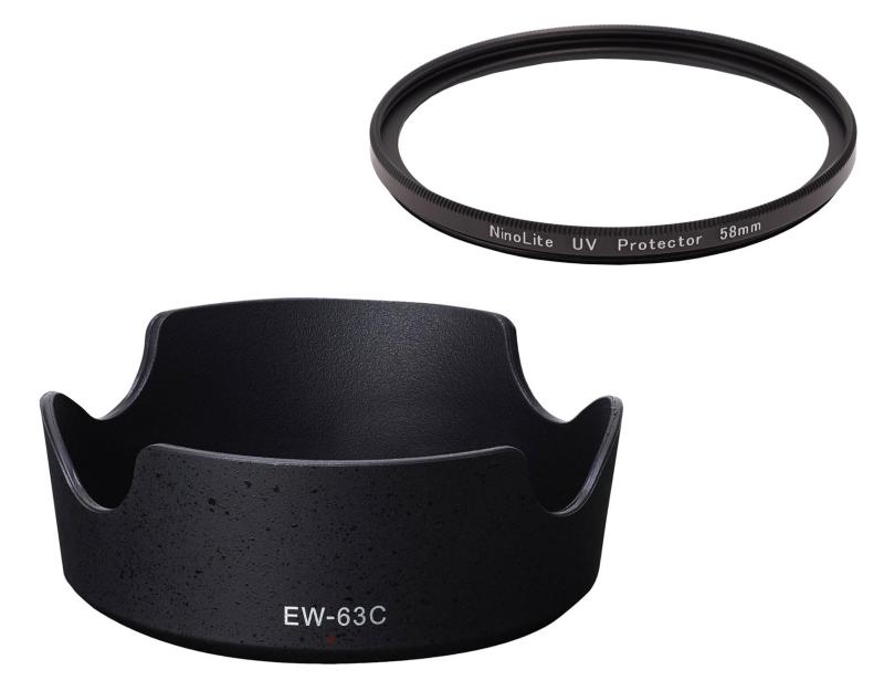 NinoLite EW-63C &amp; UVフィルター58mm の2点セット、RF24-50mm F4.5-6.3 IS STM、EF-S18-55mm F3.5-5.6 IS STM、EF-S18-55mm F4-5.6 IS STM レンズ対応フード商品説明： 画角外からの不要な光を遮り、 画質劣化の原因となるフレアやゴーストを防ぐレンズフードです。 他に大切なレンズを衝撃や汚れから保護する目的でも使用されています。 ノングレアマット仕上げで反射を防ぎます。 フード装着時、フィルターやレンズキャップの取付が可能。 逆装着可能スペースの節約、持ち運びが容易。 フード逆装着時フィルターやレンズキャップ取付可能。 対応レンズ: RF24-50mm F4.5-6.3 IS STM, EF-S18-55mm F3.5-5.6 IS STM, EF-S18-55mm F4-5.6 IS STM、 取付タイプ：バヨネット式。フィルター商品説明： 無色透明のフィルターで可視光に影響を与えることはなく主に 紫外線を吸収する目的で使います。 紫外線は目では確認できませんが写真の色をくすませる原因に なることがあり、これを吸収することで正しく色を 再現しようとするものです。 また大切なレンズを守るレンズ保護用フィルター （PROTECTフィルター）として、常時取り付けたままで お使いいただけます。 フィルターの上からレンズキャップが取り付け可能な新構造。 　取り付け方（スクリュー・ネジタイプ） 1. フィルター径はレンズにも記載があります。レンズにあった フィルターを用意します。 2. レンズ先端に切られているネジに沿って取り付けます。　 (写真をご確認下さい）強く締めすぎると取り外しにくくなるのでご注意下さい。 この製品は「レンズ部にフィルターネジがあるカメラ」、 または「カメラメーカーでフィルター取付用のアダプターが 用意されているカメラ」に対応する物です。 カラー ： 黒 付属品 ： フィルターケース フィルター径 ： 58mm フィルター枠厚み ： 5mm強く締めすぎると取り外しにくくなるのでご注意下さい。 この製品は「レンズ部にフィルターネジがあるカメラ」、 または「カメラメーカーでフィルター取付用のアダプターが 用意されているカメラ」に対応する物です。 カラー ： 黒 付属品 ： フィルターケース フィルター径 ： 58mm フィルター枠厚み ： 5mm