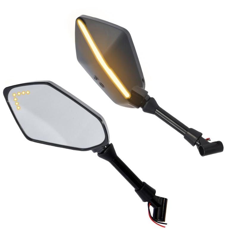 SZYUMO オートバイバックミラー LED 水の流れ信号をターンしますユニバーサル1つのペアほとんどのバイクを10mm 8mm標準スレッドでフィットします。ホンダ、川崎、ヤマハ、スズキなど。モーターサイクルバックミラーは、超高定義を提供する高品質のガラス鏡を備えています。は360度回転することができます。最適な視野角度のために、上下を自由に調整できます。赤いワイヤー - ポジティブ;黒いワイヤー - ネガティブ。パッケージ：2 PCSオートバイミラーLED水流ターン信号、より多くの安全性と優れた品質を備えたミラー