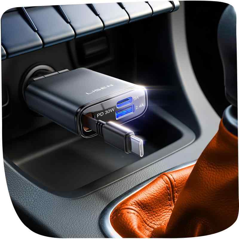 LISEN 【カー片づけの美学】 まきとり充電ケーブル 57W 3ポート 急速 車 充電器 シガーソ ...