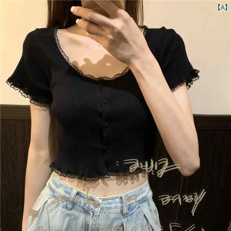 フレンチ レースの サイドの 方の 襟の メリヤスの カーディガンの 底の シャツの 女性の 夏の 半袖の t シャツの 修身の 上着の 新型の 透かし 彫りの 低い 襟