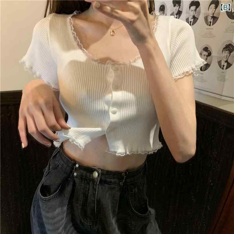 フレンチ レースの サイドの 方の 襟の メリヤスの カーディガンの 底の シャツの 女性の 夏の 半袖の t シャツの 修身の 上着の 新型の 透かし 彫りの 低い 襟 2