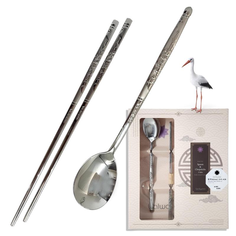 Balwoo [5 Sets] 韓国風 スプーン 箸 セット sus430 ステンレス スチール 金属 スプーン 箸 韓国 食事道具 Mirror Finish 有光表面