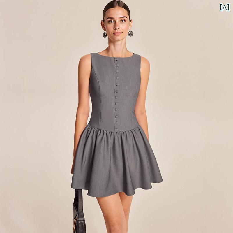 アマゾン 2025 夏 新作 レディースノースリーブカジュアルボタン a 字 スカートフリルエッジエレガントミニワンピース