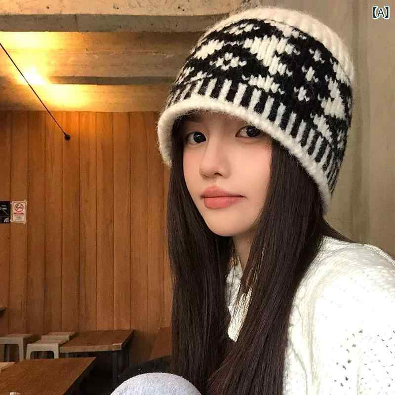 樂天商城 - 大衆の デザイン 感が レ トロな 菱の 格子の 毛糸の 帽子の 子供の 秋冬の ニットの 帽子の 保温 防寒の 包 頭の 冷たい 帽子