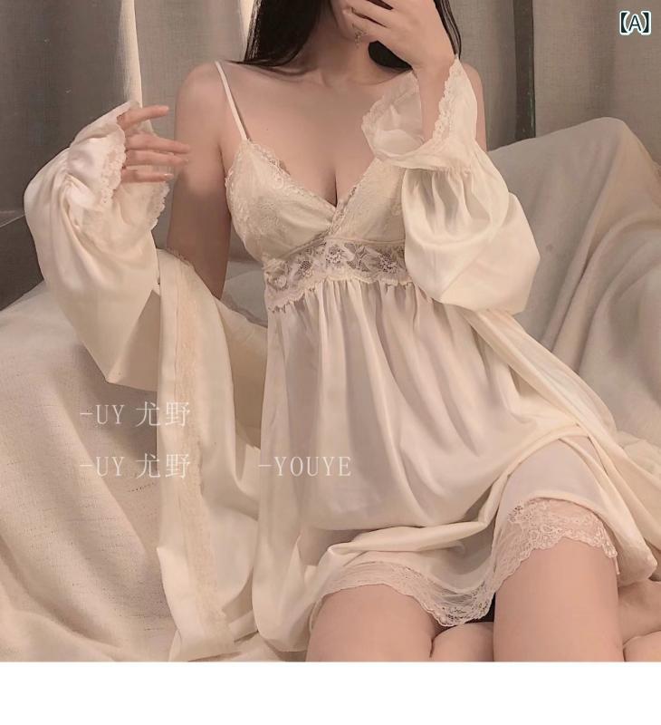 純 欲 風 寝 スカート 春秋 氷 糸 セクシー 胸 パッド 付き ロング パジャマ 2 点 セットストラップパジャマ 女性 高級 感 夏(4.0)