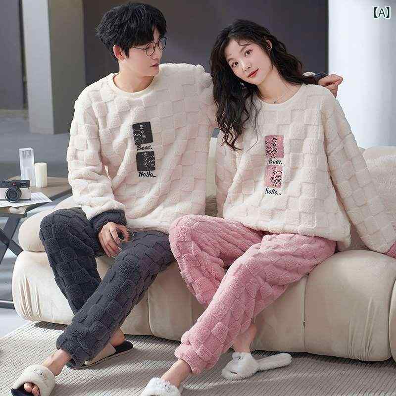 カップルの パジャマの 女性の 秋冬の フランネルの かわいい 漫画の 丸首の 頭の 青少年の 男性の 部屋の 服の サンゴの 毛