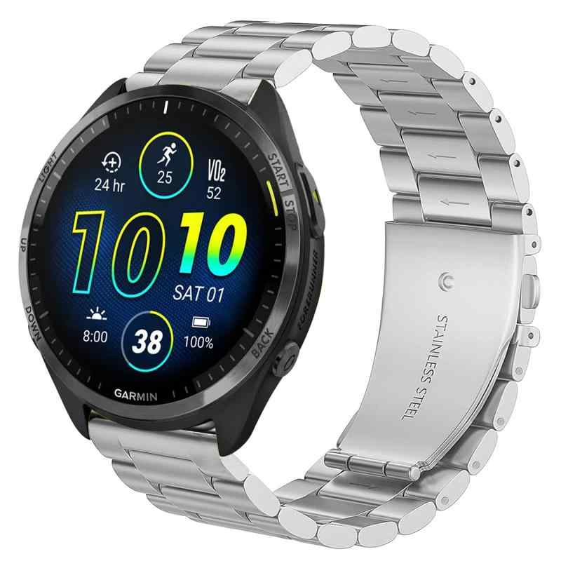 Lamsaw for GARMIN Forerunner 965 スマートウォッチ バンド, ステンレス製 メタル ベルト 交換バンド 対応 GARMIN(ガーミン) Forerunner 965 / Forerunner 265 46 MM スマートウォッチ 長さ調整器具付き👉【対応機種】For GAR-MIN Forerunner 965 / Forerunner 265 46 MM スマートウォッチにぴったりフィットすると交換バンド一体化ステンレスバンドです。ほとんどの時計メーカーで採用されている3連タイプで、金属ブレスとしては一番オーソドックスなタイプになります。横3列になったコマを縦に繋ぎ合わせたブレスレットで、高い堅牢性が特徴です。👉【高品質なステンレス素材】耐腐食性、耐摩耗性、耐酸性の高品質ステンレス素材を採用、耐久性に優れています。また、精密な研磨技術と使いやすくファッショナブルな設計となっており、高級感あふれるベルトとなっています。👉【綿密設計】上質なステンレスだけでなく、細部の金具にまでこだわった綿密設計です。バンドの美しさを損なうこととなく、さらなる高級感をプラスします。👉【金属ベルトならではの魅力】金属ベルトを取り付けた時計ベルトは高級感がありながら、人を魅了する「流線美」を表現しています。ブレゲらしいクラシックなデザインと高い視認性、そして上品なディテールを備えたこのモデルはオン・オフを問わず、オールマイティーに活躍してくれます。👉【簡単長さ調整】付属器具で、簡単にバンドの長さ調整が可能。サイズの心配がなく、ご購入後、すぐお使い頂けます。プレゼントにも最適です。サイズはほとんどの手首サイズに適合します：5.71""-8.19"" (145mm-208mm)"