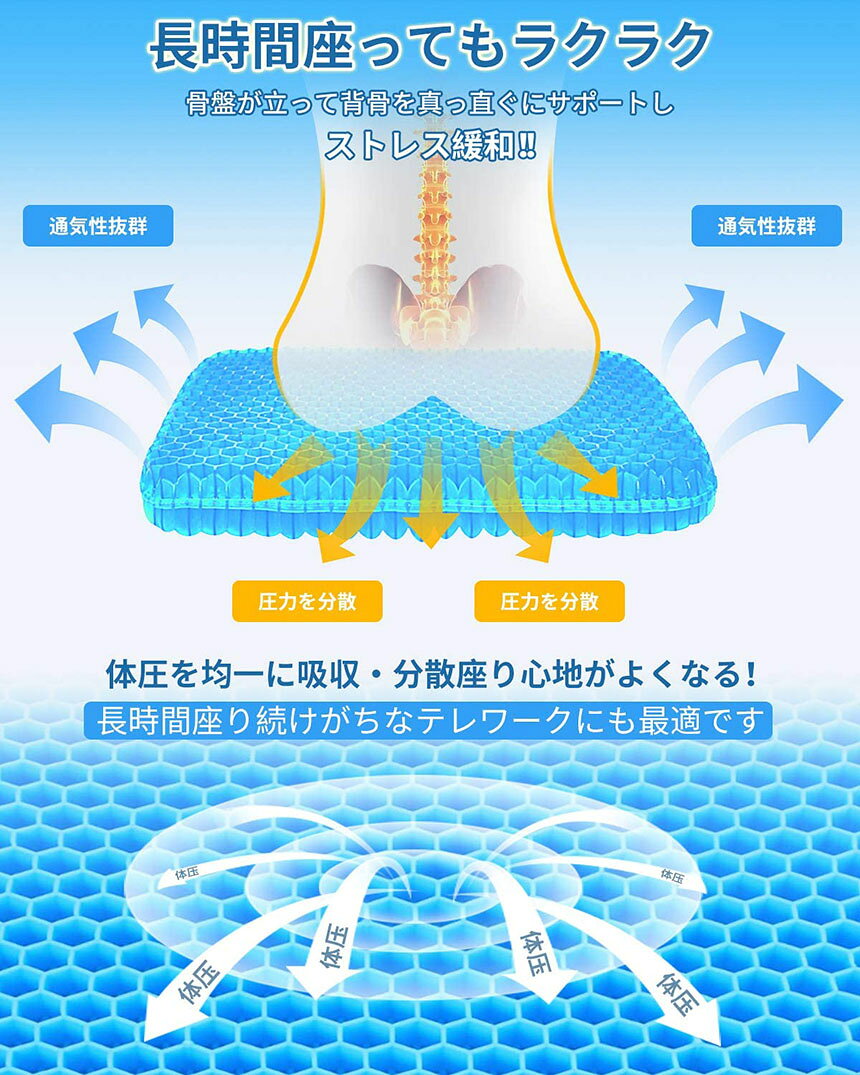 ヒットストアのゲルクッション 第三代 ジェルクッション 2個セット 二重構造 無重力 ハニカム構造 高品質ゲル 蒸れない 美尻 座り心地抜群 座布団 テレワーク オフィス 車 車椅子 自宅用 ギフト 洗えるカバー付き｜アングル3