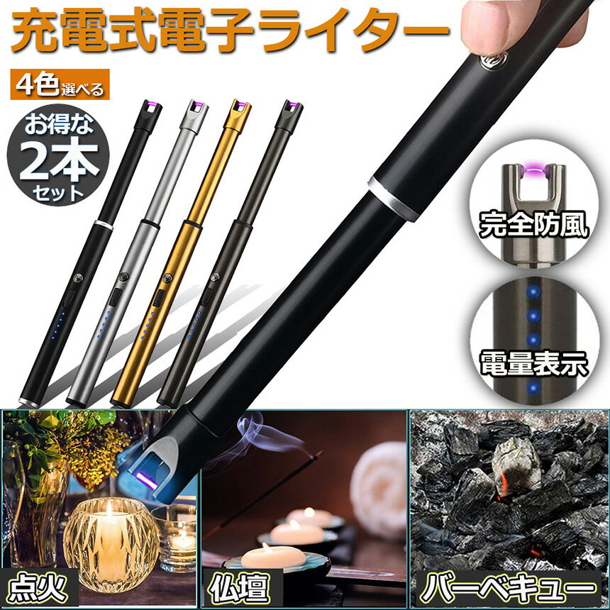 ★期間限定！ポイント5倍★USB充電式 2本セット 電気 プラズマ ライター 点火用 無炎 ガス オイル 不要 電子 火起こし 防風 アーク スリム アウトドア バーベキューお墓参り 防災グッズ 送料無料