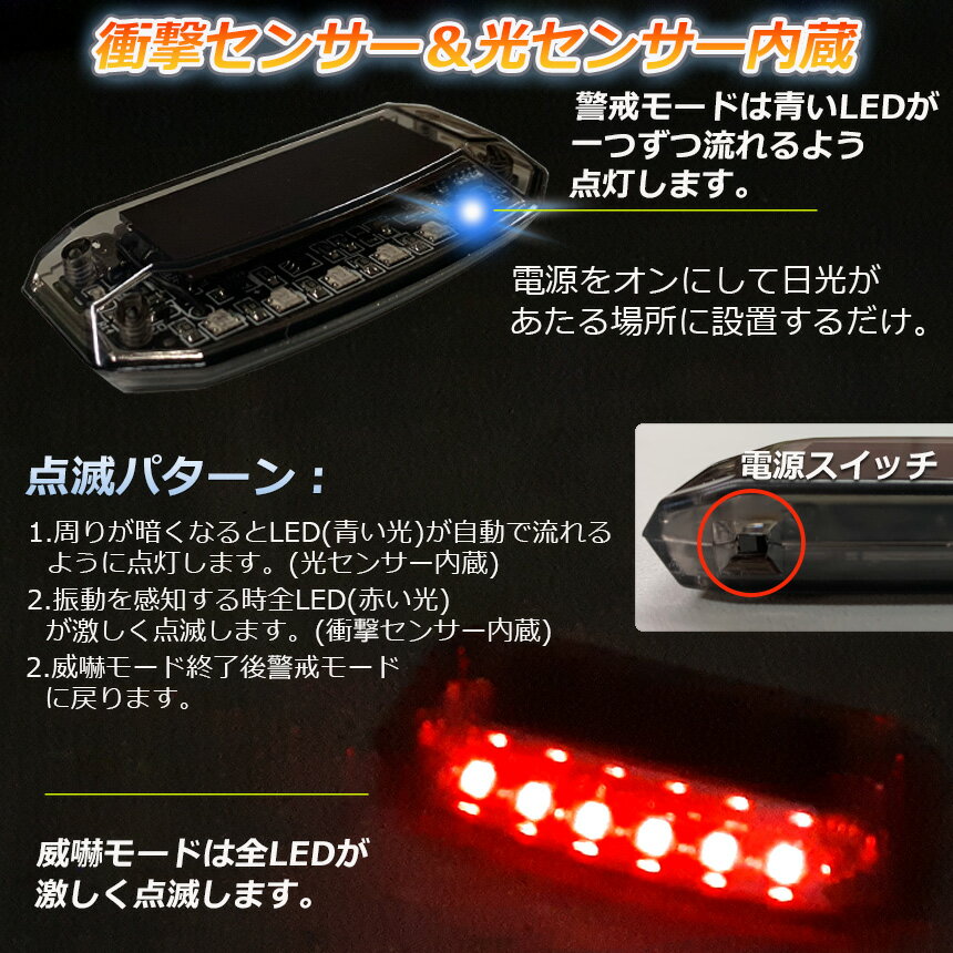 車用 カーセキュリティ ナイトシグナルデコ 3個セット ダミー ソーラー充電 USB充電 車用 ライト ランプ 防犯 盗難防止 警告 ソーラー 配線不要 電池不要 太陽光充電 置くだけ 撃退LED センサー 防犯グッズ 汎用 送料無料 3