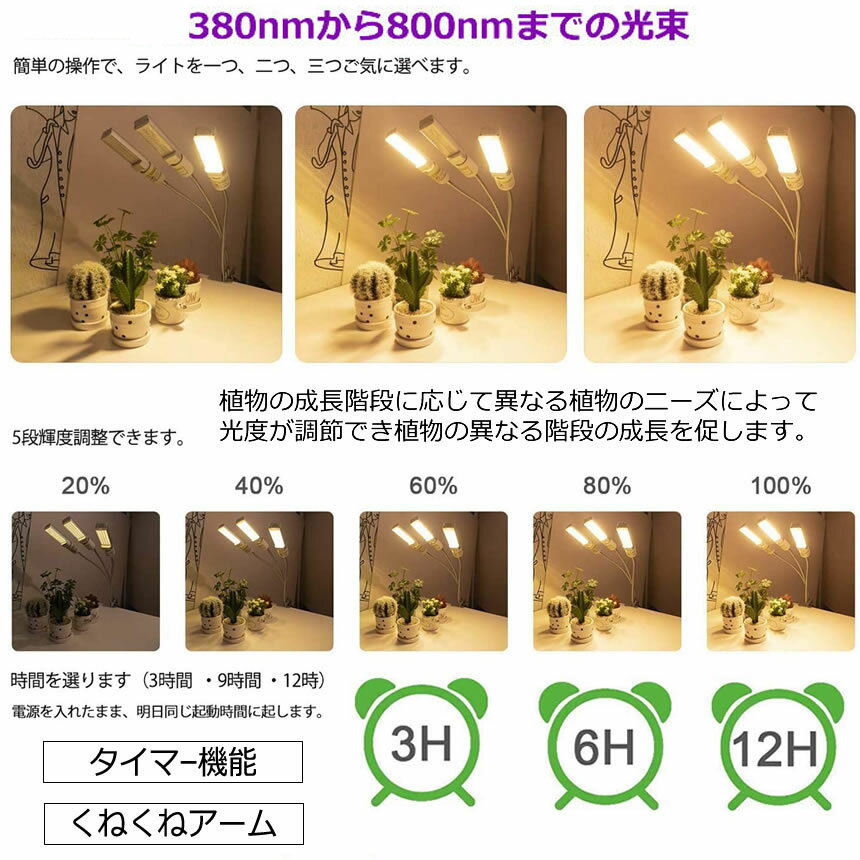 植物育成ライトLED植物育成灯ledライト育苗ライト68W132個LEDE27電球仕様多肉植物育成室内栽培ライト家庭菜園室内園芸水耕栽培ランプUSBクリップ式低消耗電力省エネ3灯360deg;調節可能室内栽培ランプタイミング定時機能