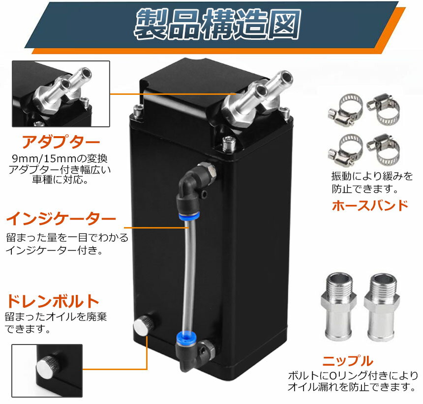 ★5/9～5/16限定ポイント5倍★オイルキャッチタンク 汎用 アルミ製 オイルキャッチ バッフル付き ブリーザーフィルター ホース付属 フラットヘッド ホース ホース付属 350ml オートバイ 自動車 バイク メンテナンス コ 3