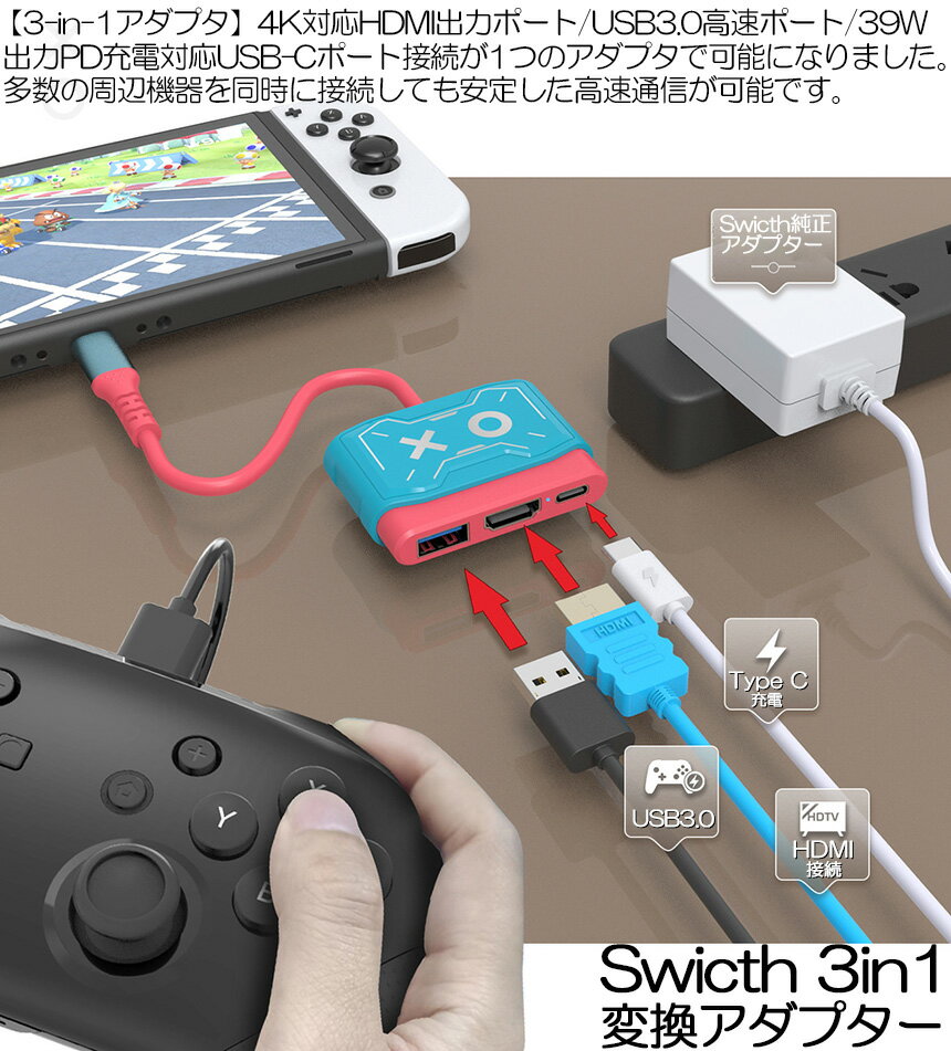 Switch ドック HDMI 変換アダプター 2個セット HDMI USB3.0 Type C USB C スイッチ ドック 4K 1080P解像度 HD変換 TVモード 小型 多機能 遅延なし コンパクト ニンテンドースイッチ ドック tv出力 テレビ接続出力 Switch OLED ノートパソコン タブレット スマートフォン